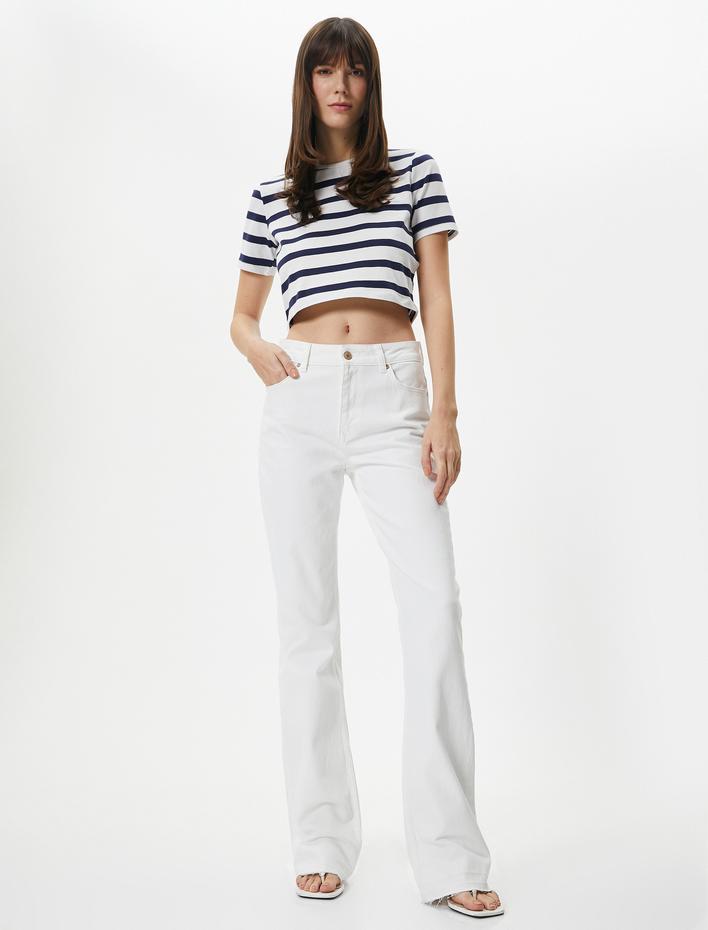  Crop Tişört Bisiklet Yaka Kısa Kollu Pamuklu