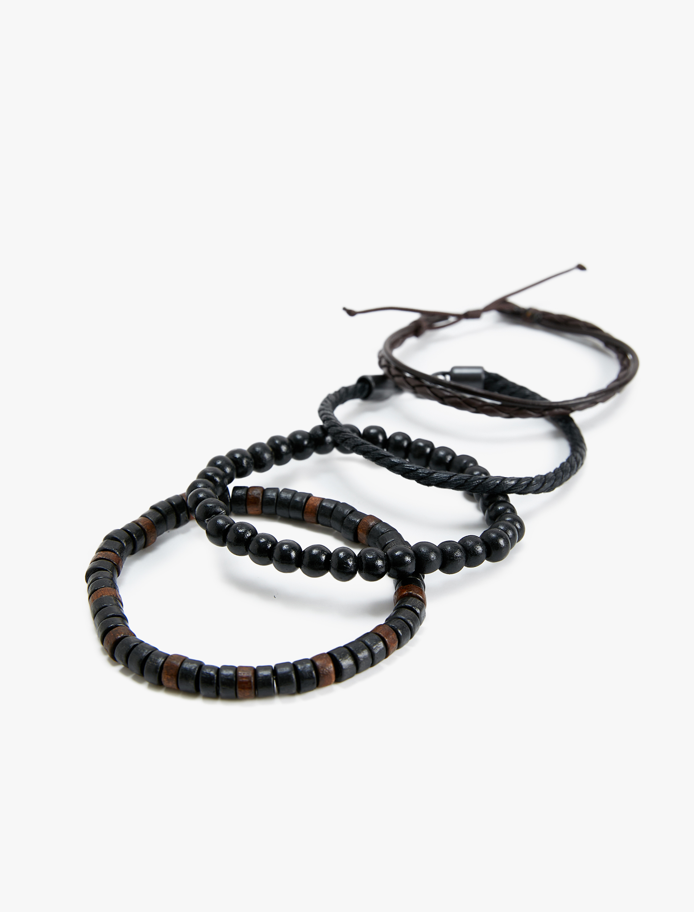  Erkek Bileklik Seti 4'lü Ahşap Boncuklu Deri Görünümlü