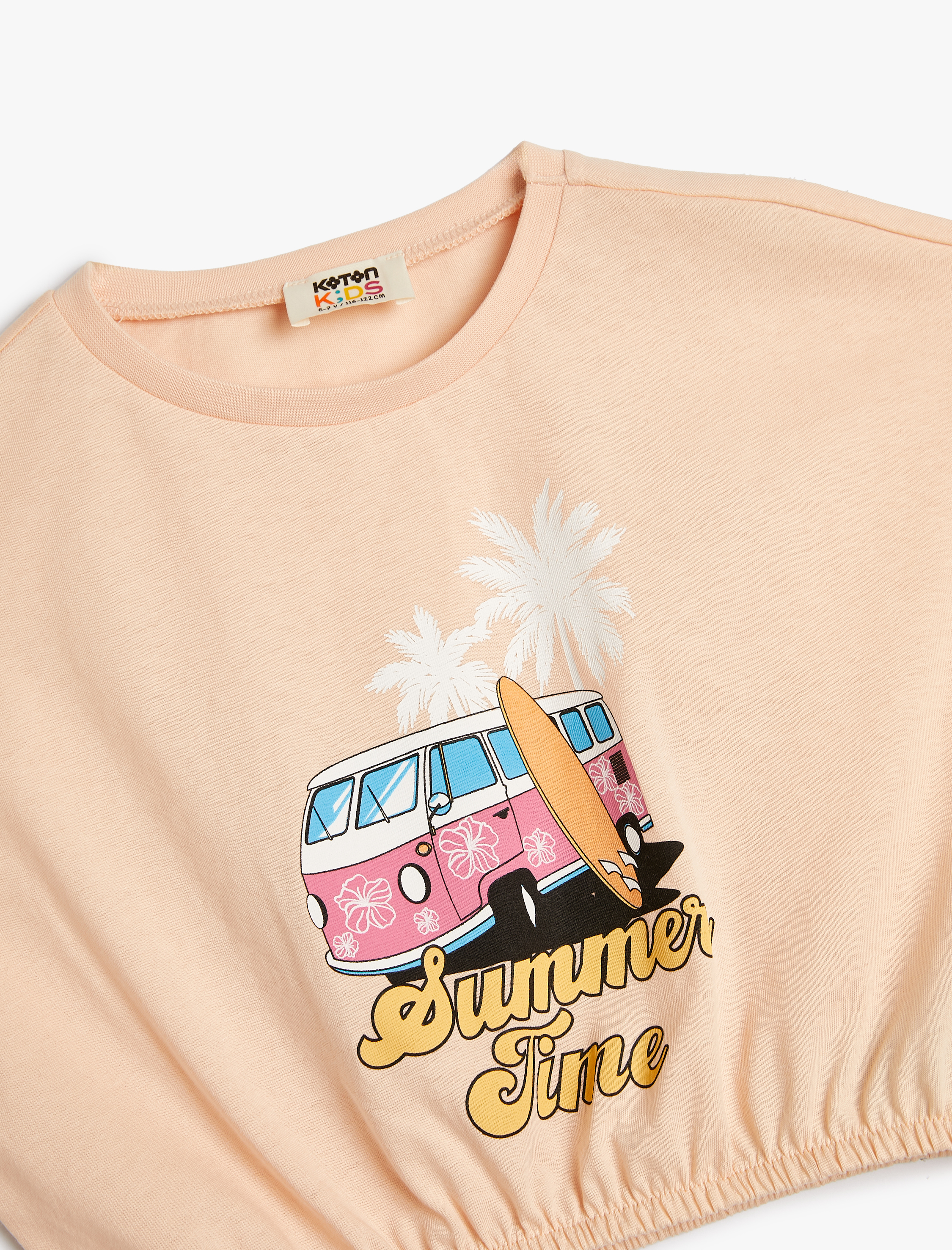  Kız Çocuk Crop Tişört Tropik Baskılı Beli Lastikli Kısa Kollu Pamuklu