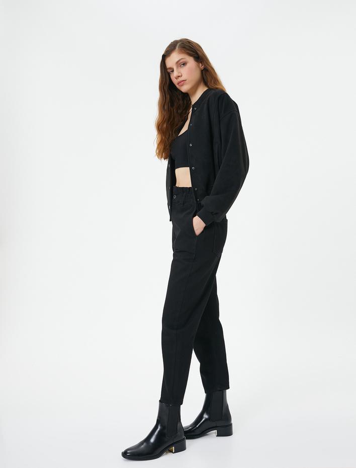  Beli Lastikli Jeans Yüksek Bel Cepli Pamuklu - Baggy Jeans