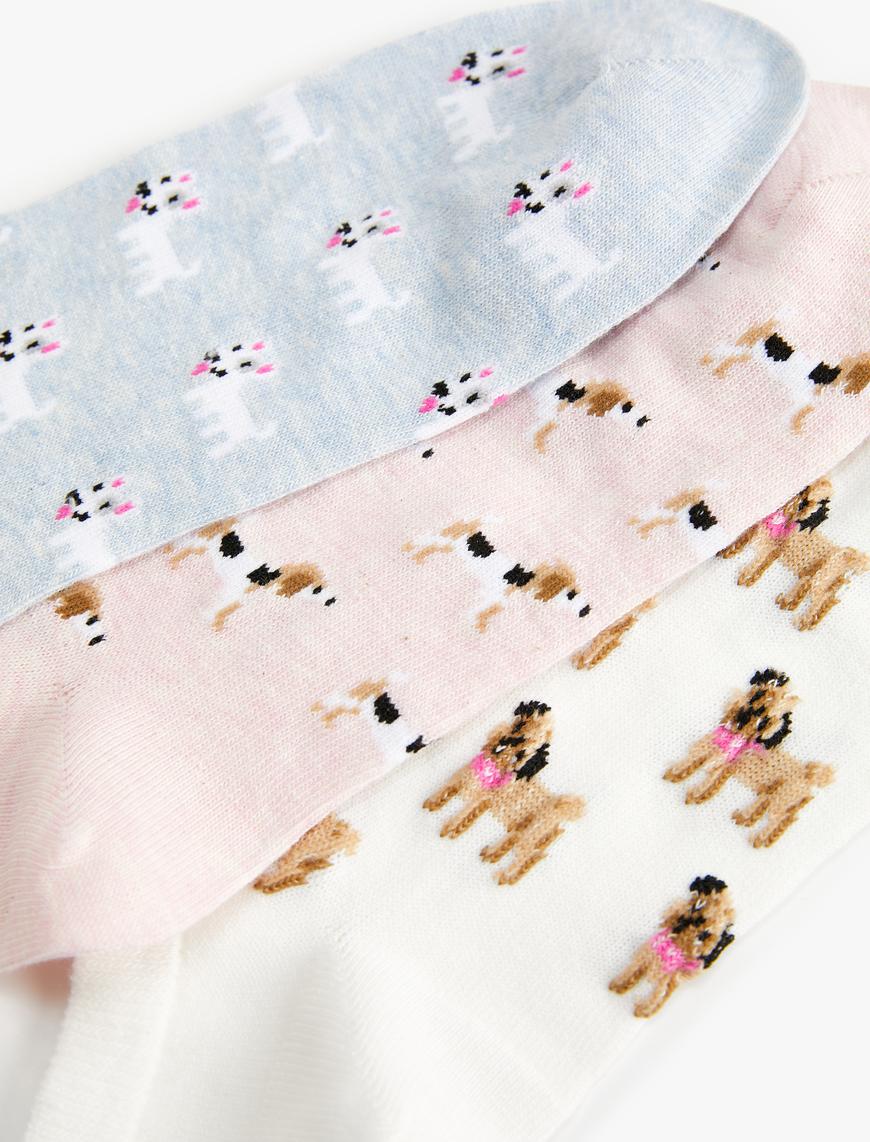  Kadın 3'lü Patik Çorap Seti Köpek Desenli Çok Renkli