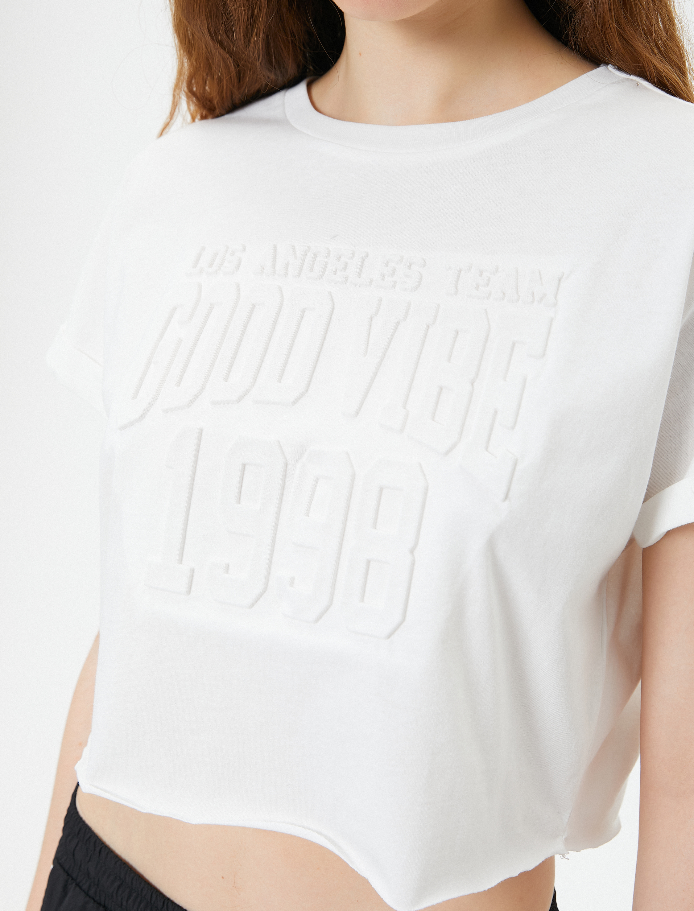   Crop Tişört Rahat Kalıp Kısa Kollu Bisiklet Yaka Pamuklu