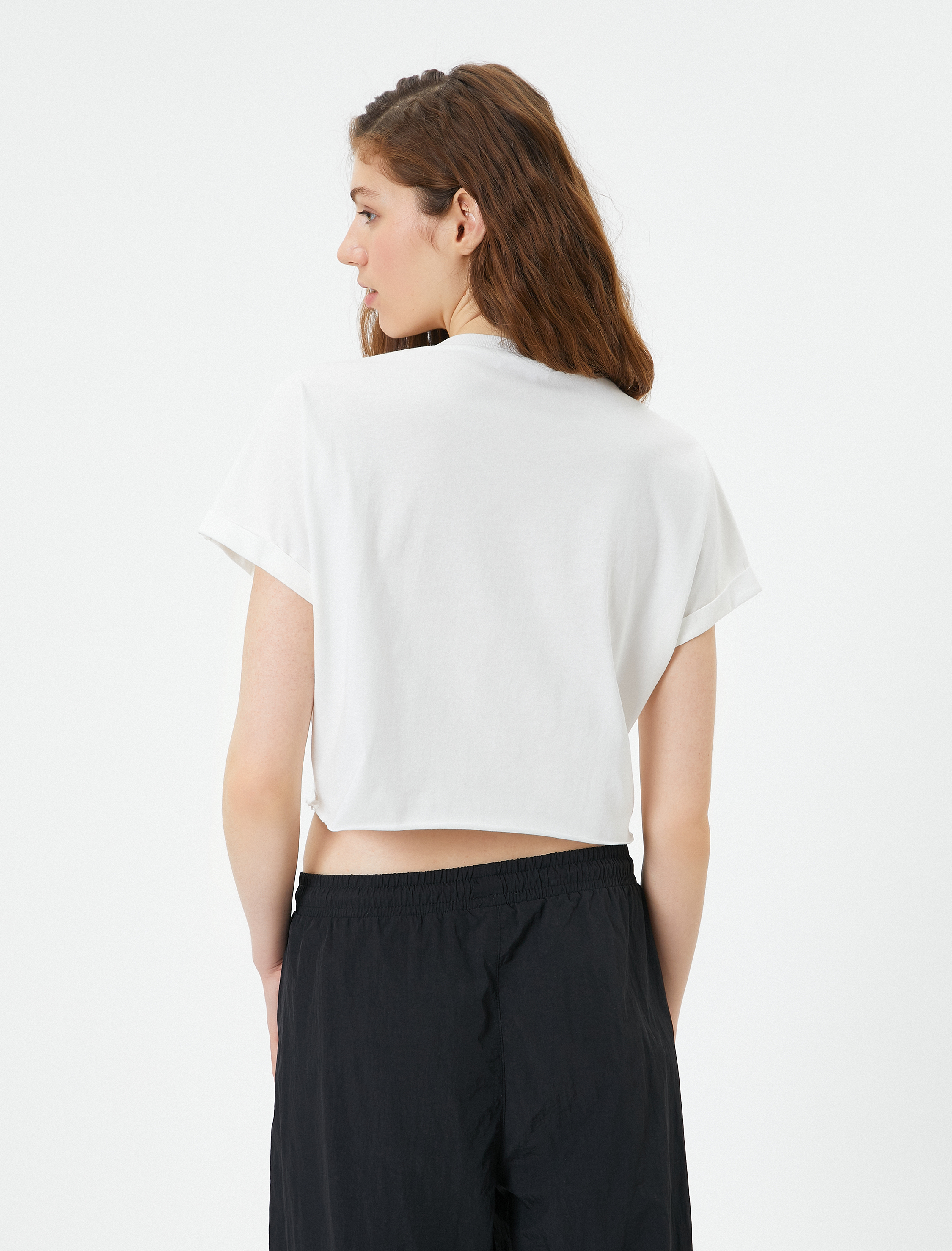   Crop Tişört Rahat Kalıp Kısa Kollu Bisiklet Yaka Pamuklu