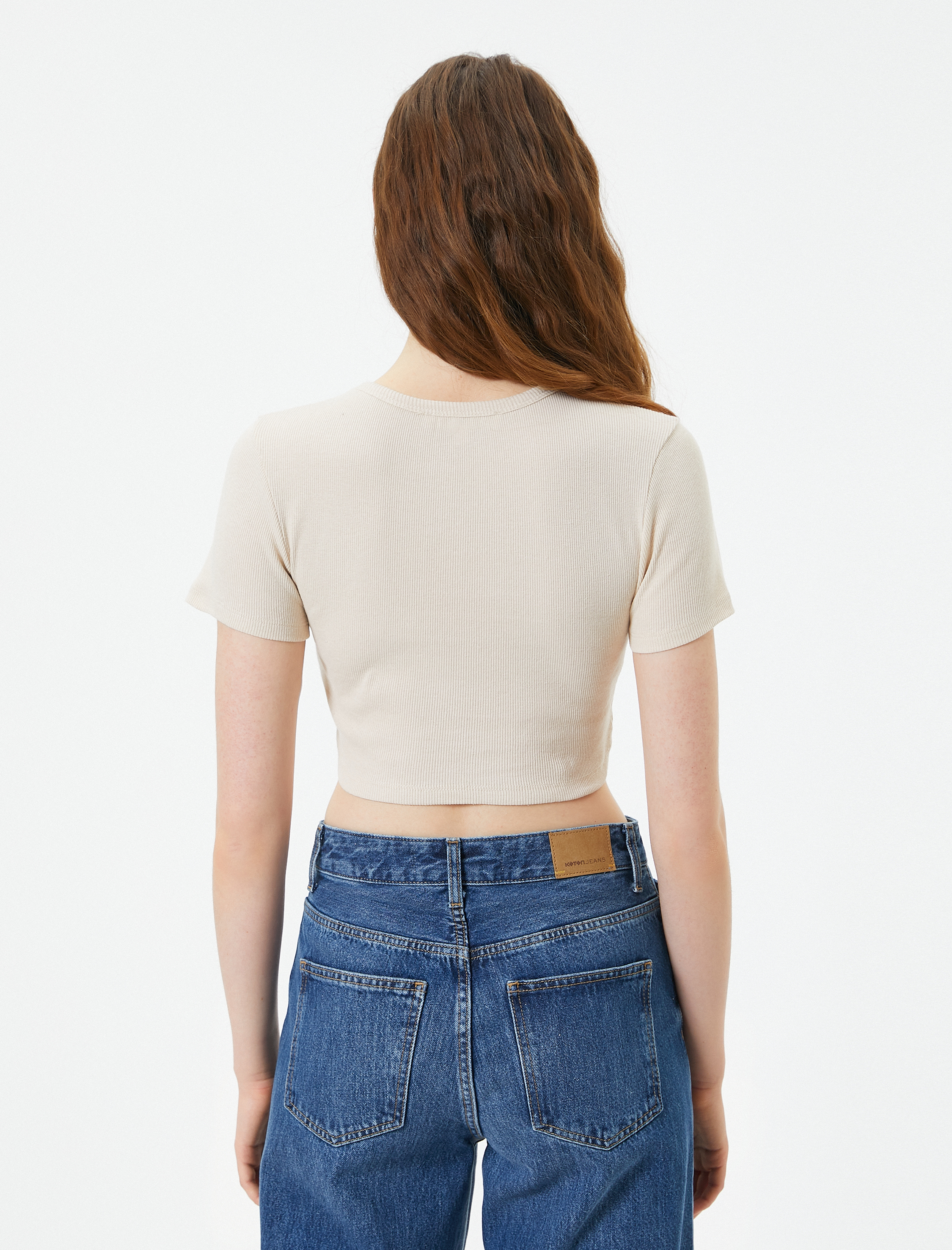   Basic Crop Tişört Ribanalı Kısa Kollu Bisiklet Yaka Slim Fit