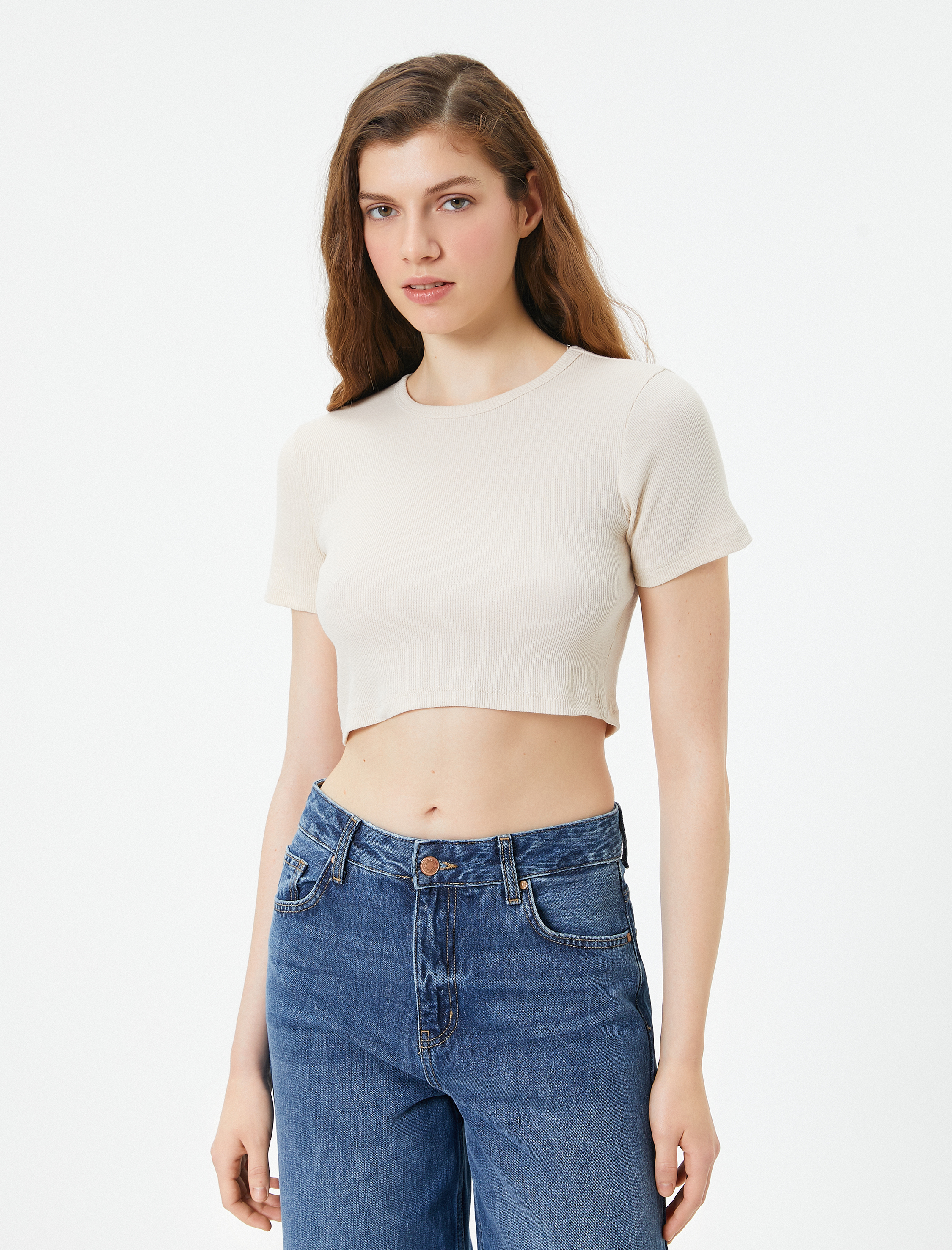   Basic Crop Tişört Ribanalı Kısa Kollu Bisiklet Yaka Slim Fit