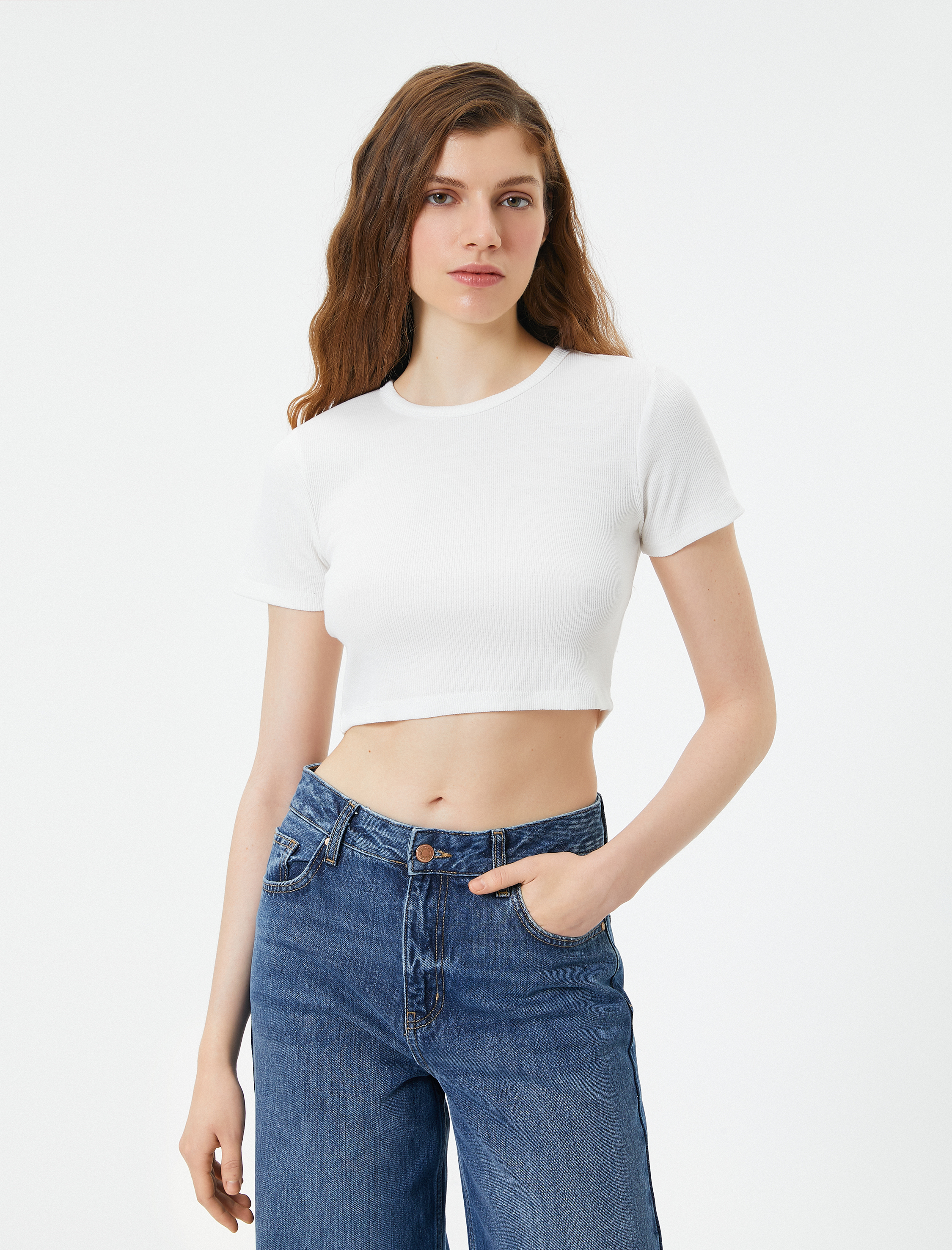   Basic Crop Tişört Ribanalı Kısa Kollu Bisiklet Yaka Slim Fit