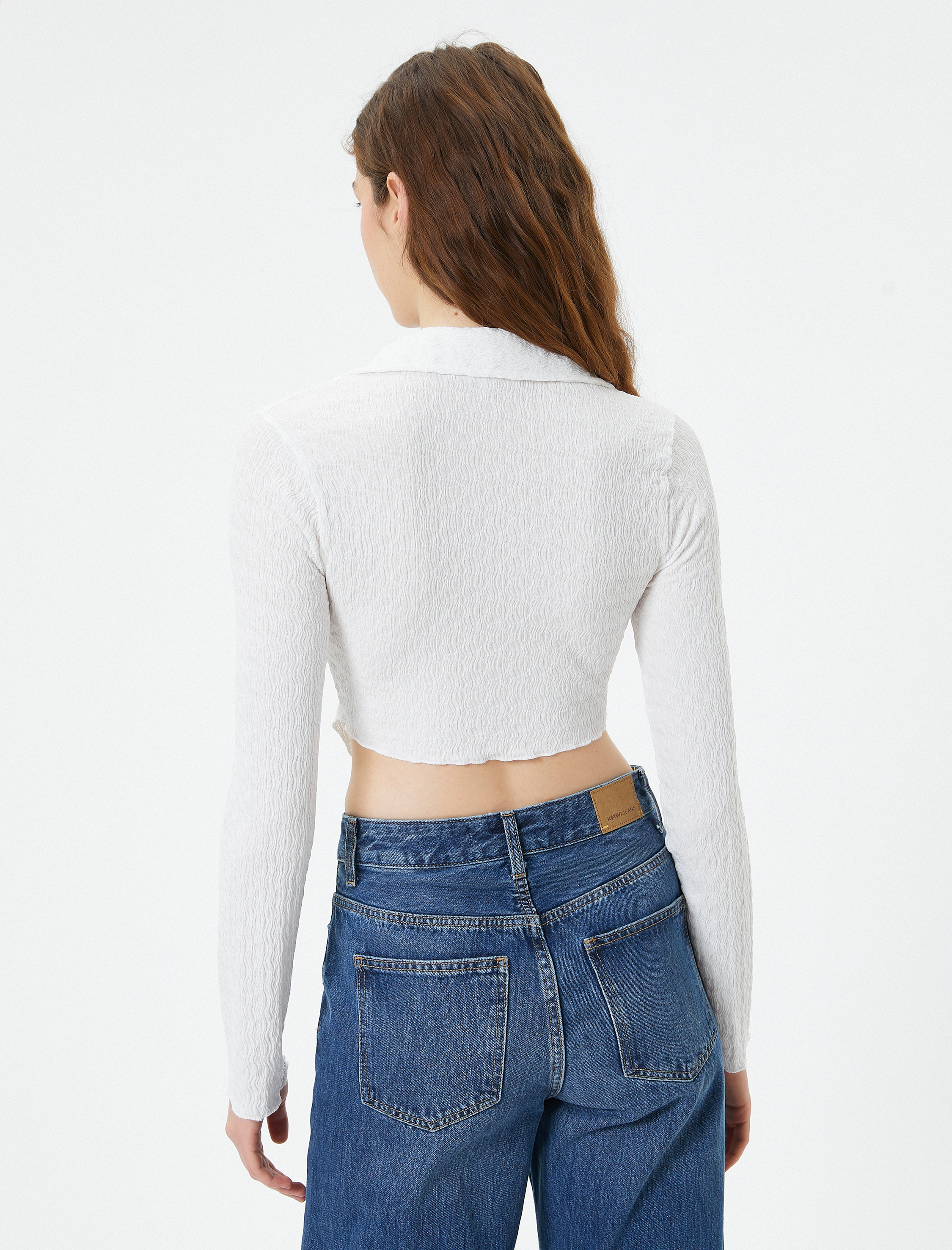   Crop Bluz Asimetrik Kesim Dokulu Slim Fit Uzun Kollu Gömlek Yaka Bürümcük