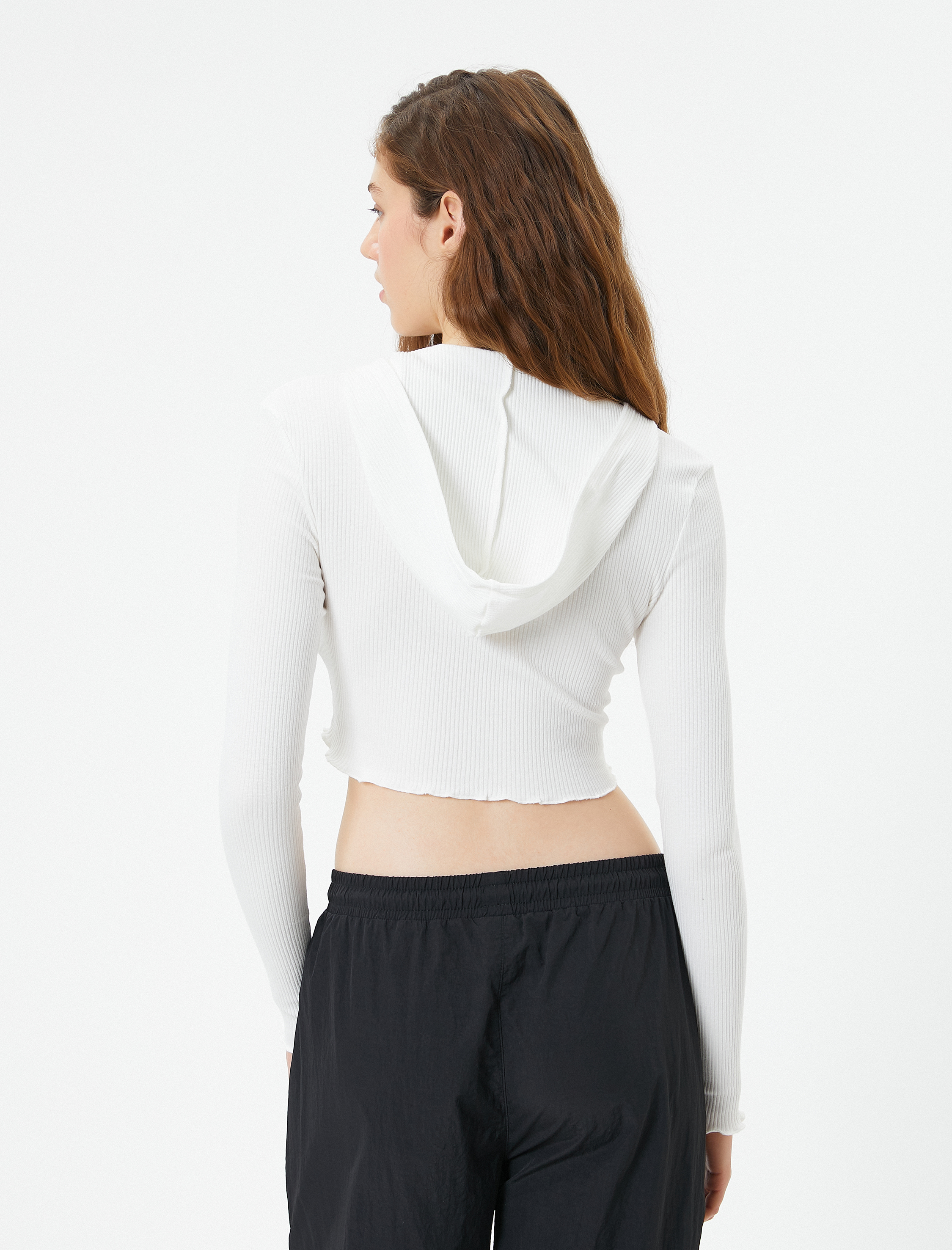   Crop Kapüşonlu Hırka Fermuarlı Uzun Kollu Slim Fit Kaşkorse