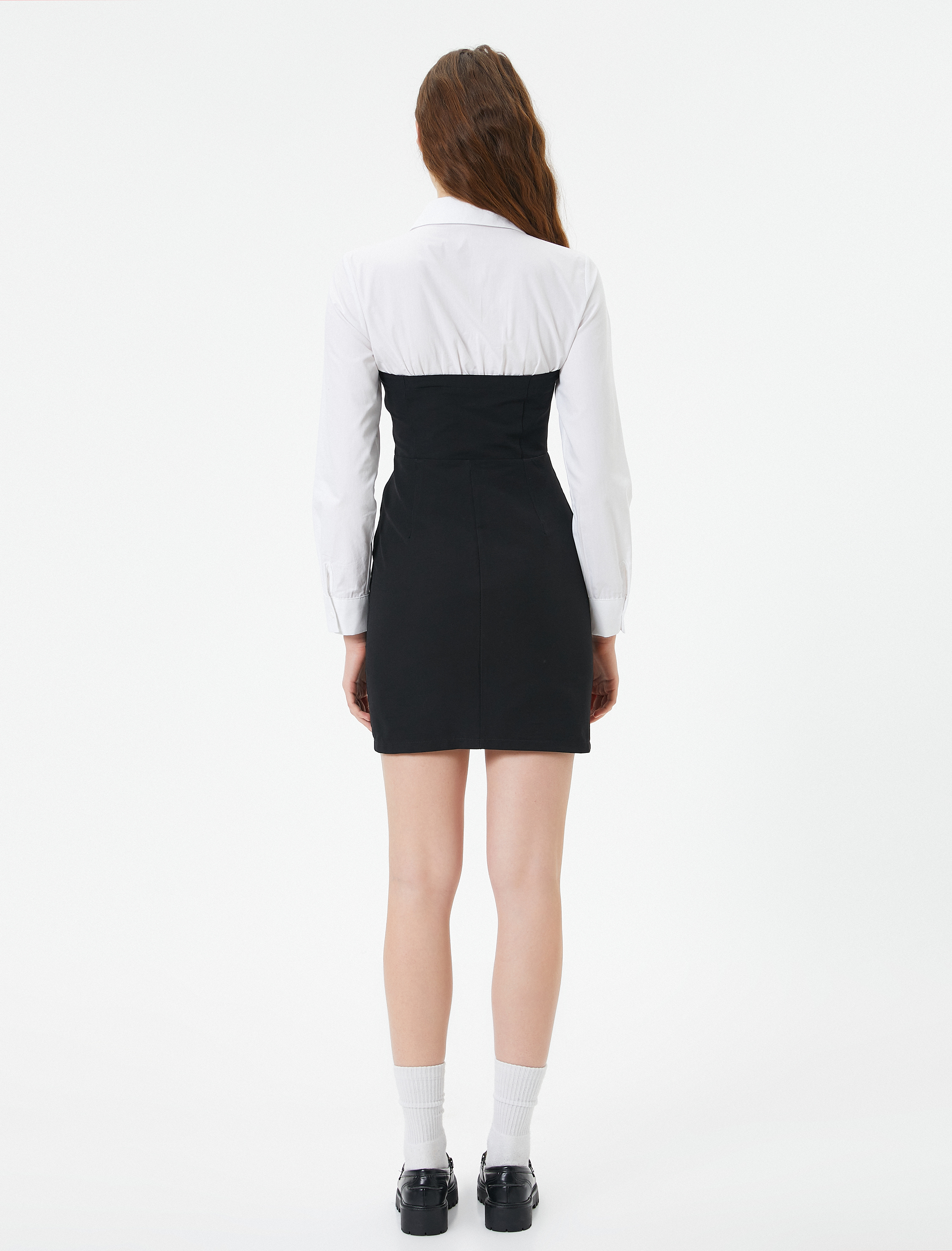   Gömlek Detaylı Mini Straplez Elbise Slim Fit Uzun Kollu