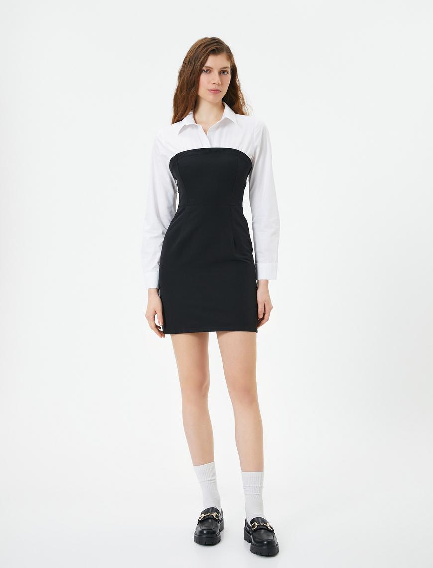   Gömlek Detaylı Mini Straplez Elbise Slim Fit Uzun Kollu