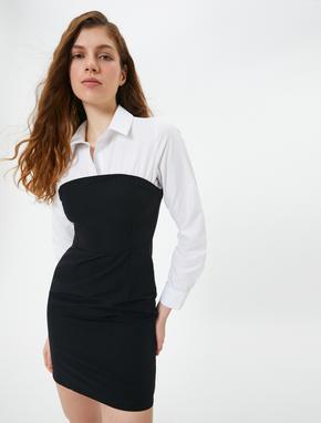 Gömlek Detaylı Mini Straplez Elbise Slim Fit Uzun Kollu