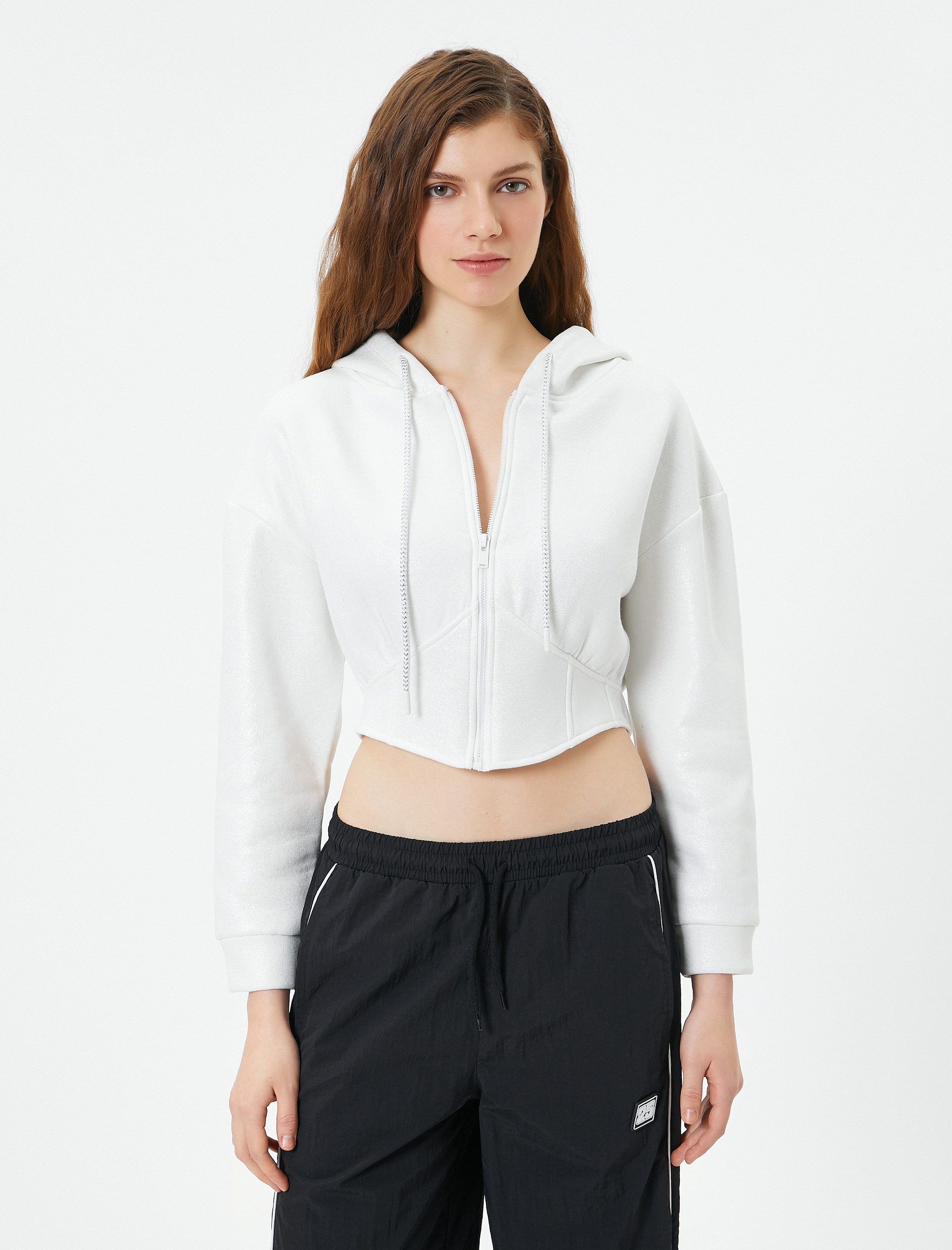   Şardonlu Crop Kapşonlu Sweatshirt Fermuarlı Korse Detaylı
