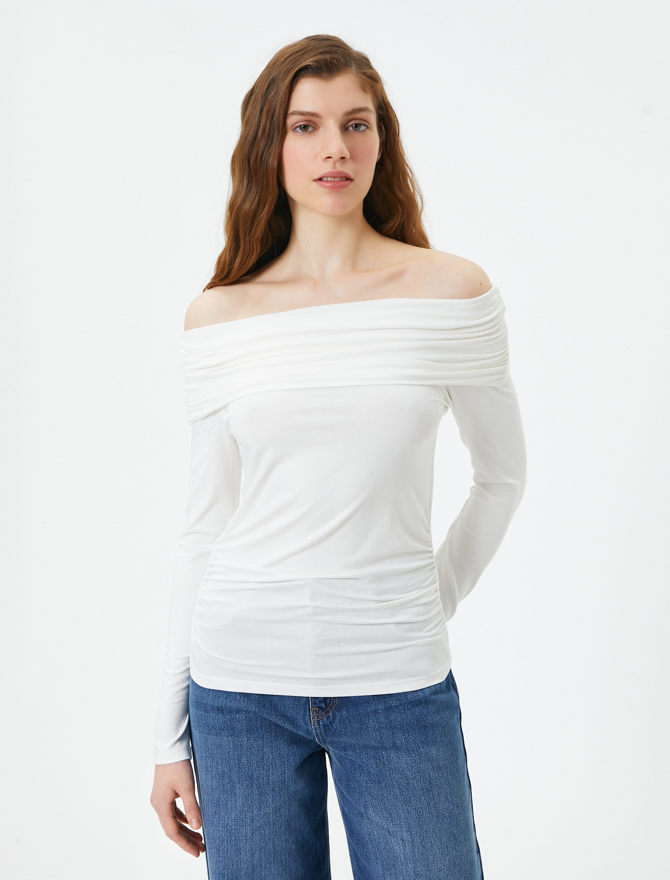   Madonna Yaka Omzu Açık Tişört Uzun Kollu Viskoz Kumaş Slim Fit