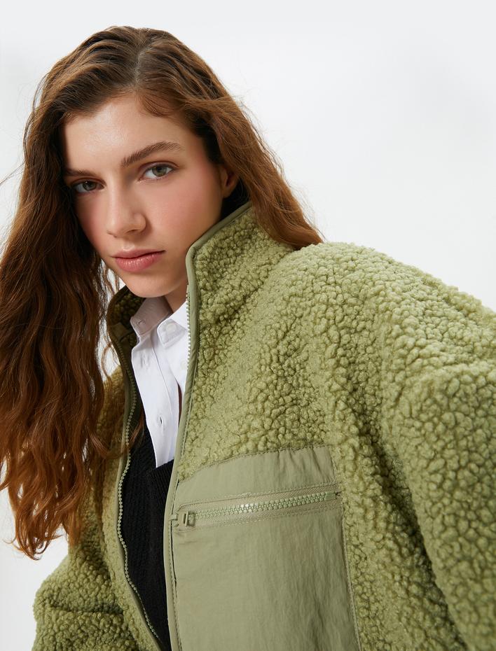  Peluş Sweatshirt Oversize Fermuarlı Dik Yaka Cep Detaylı
