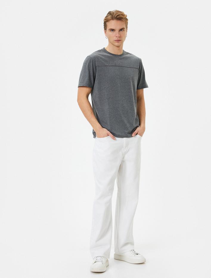  Bisiklet Yaka Tişört Dikiş Detaylı Kısa Kollu