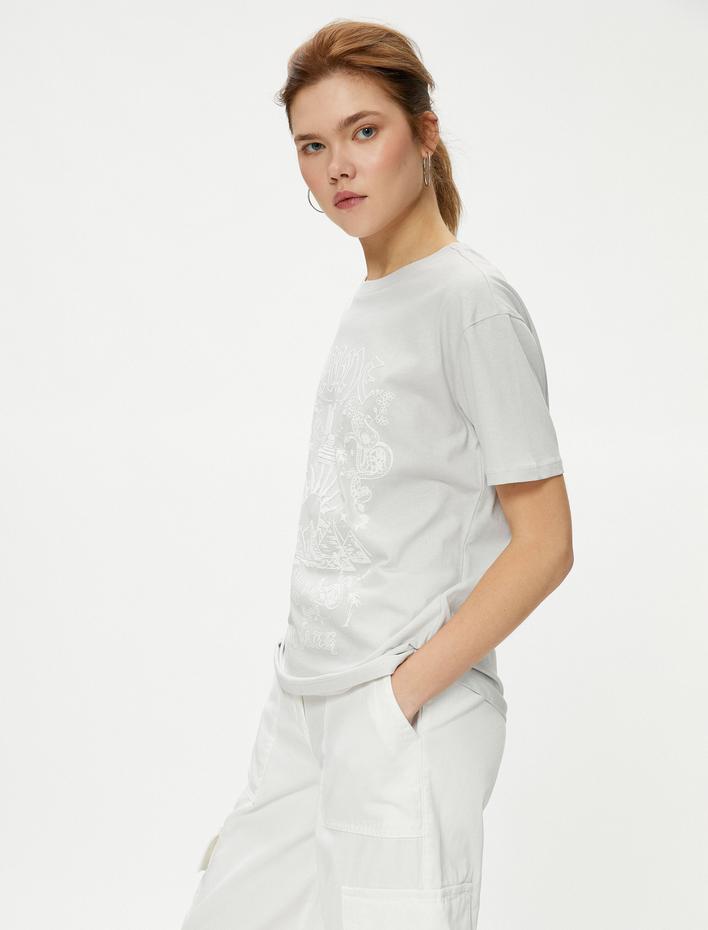  Baskılı Tişört Kısa Kollu Bisiklet Yaka Pamuklu