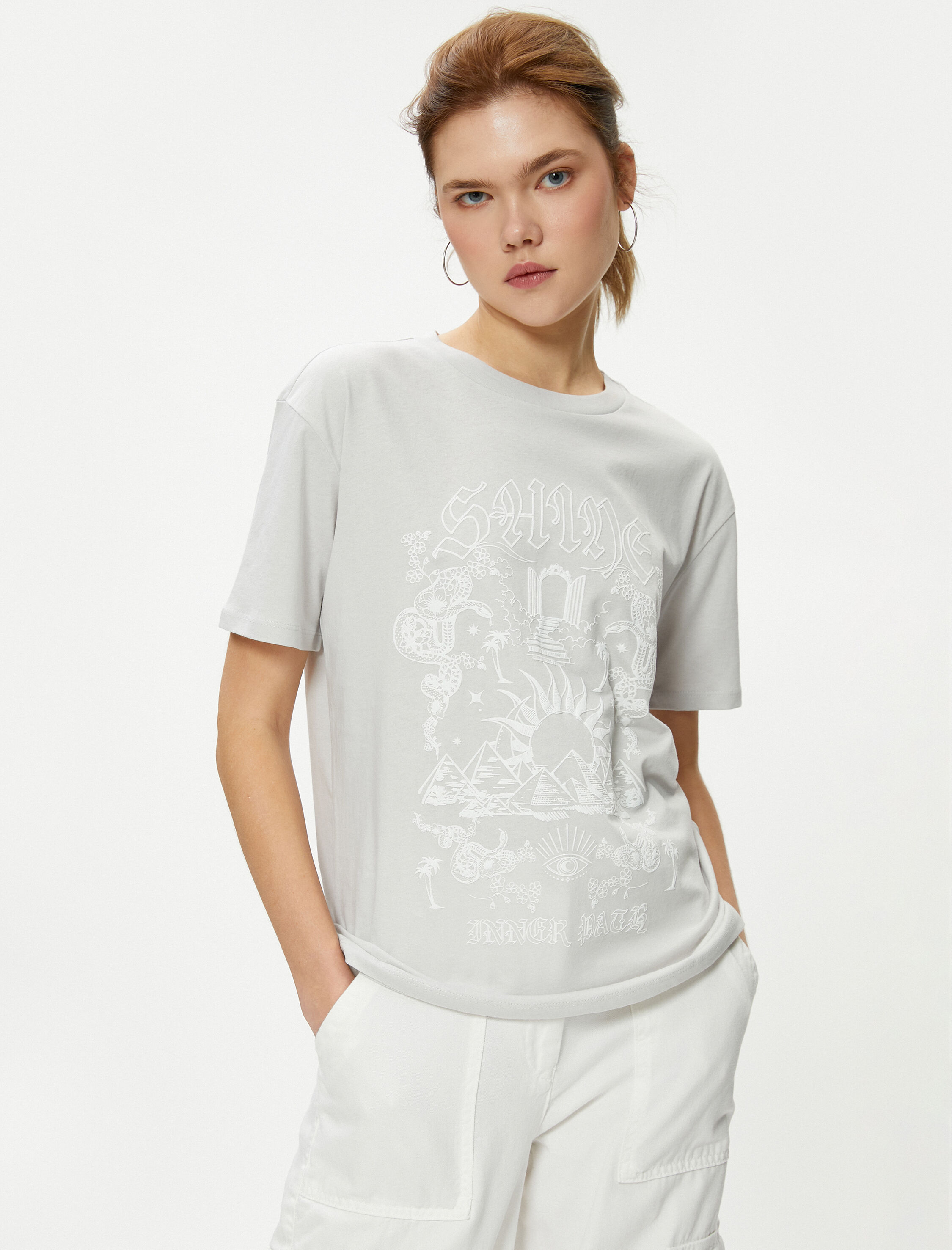   Baskılı Tişört Kısa Kollu Bisiklet Yaka Pamuklu