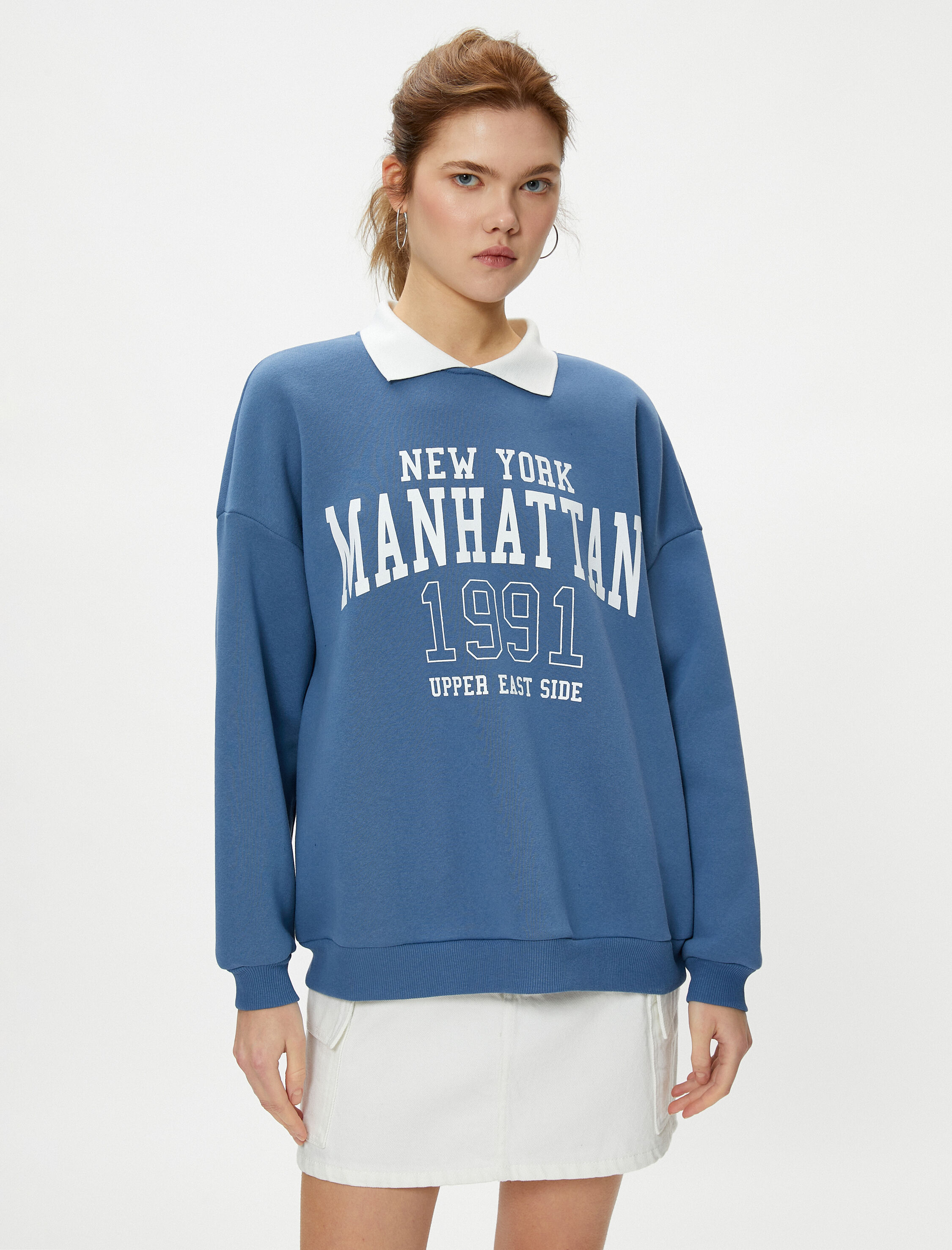   Şardonlu Oversize Polo Yaka Sweatshirt Kolej Temalı Baskılı Uzun Kollu