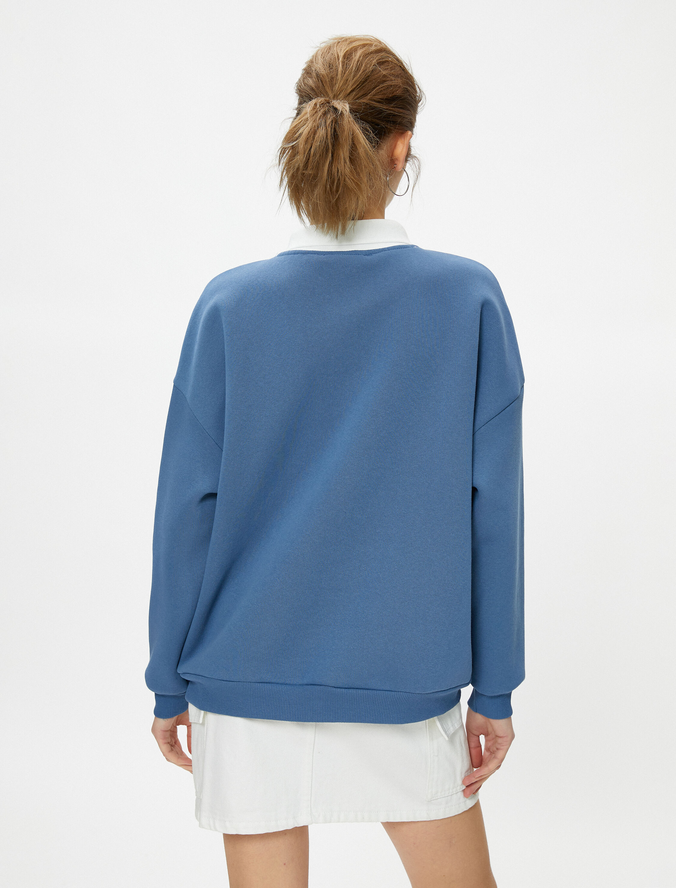   Şardonlu Oversize Polo Yaka Sweatshirt Kolej Temalı Baskılı Uzun Kollu