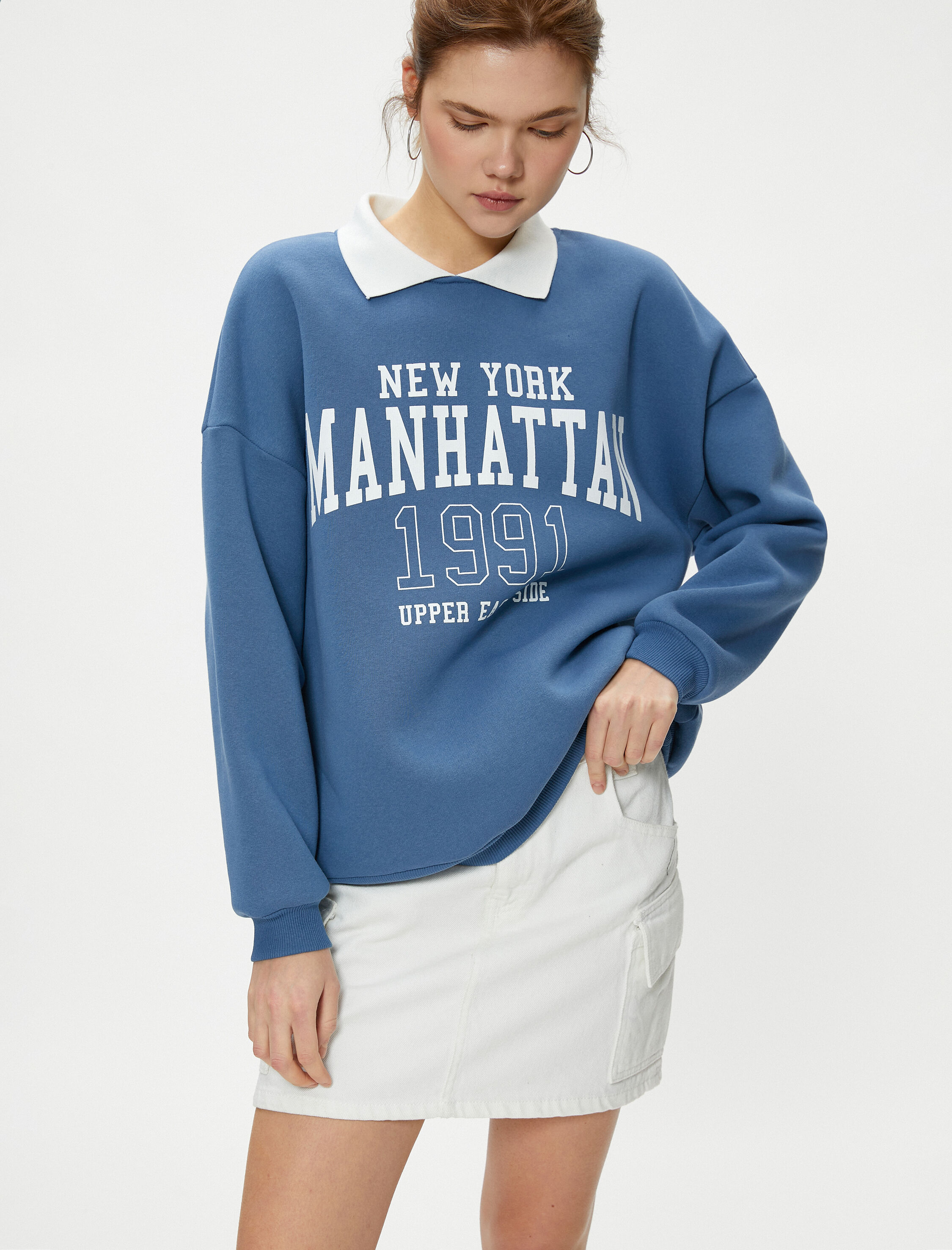   Şardonlu Oversize Polo Yaka Sweatshirt Kolej Temalı Baskılı Uzun Kollu