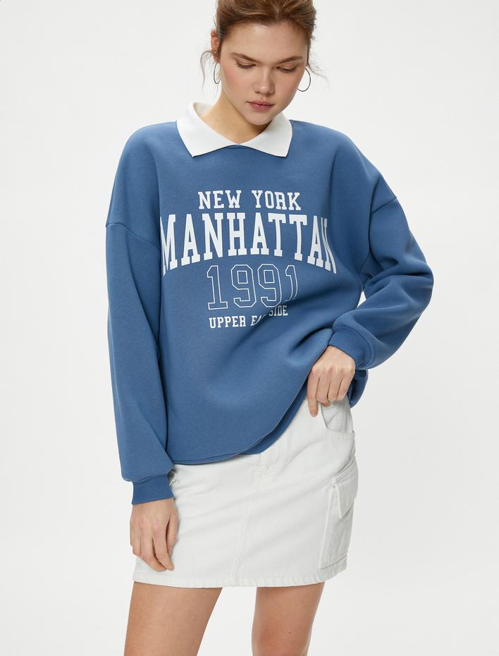  Şardonlu Oversize Polo Yaka Sweatshirt Kolej Temalı Baskılı Uzun Kollu