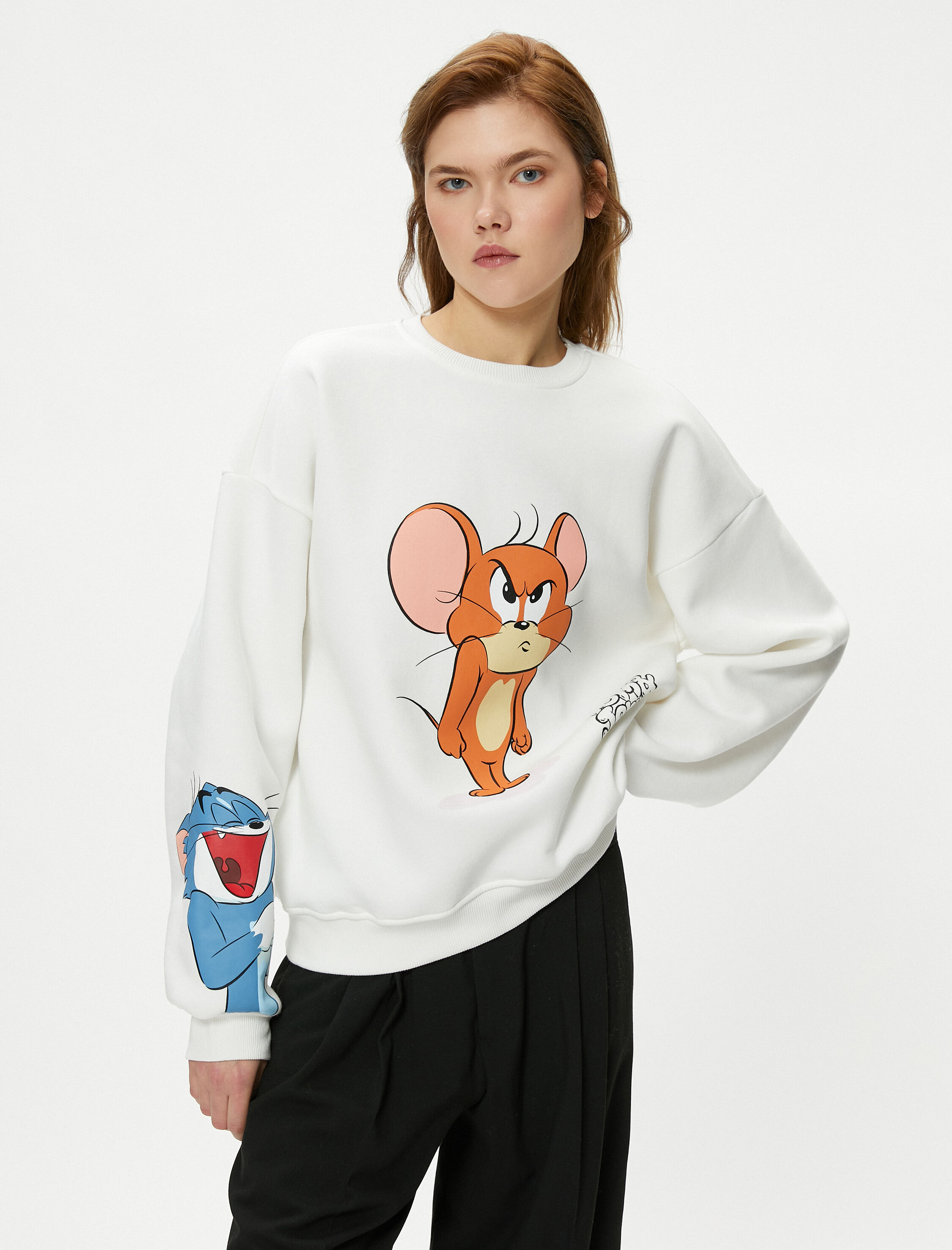   Şardonlu Tom ve Jerry Sweatshirt Lisanslı Bisiklet Yaka Uzun Kollu Rahat Kalıp