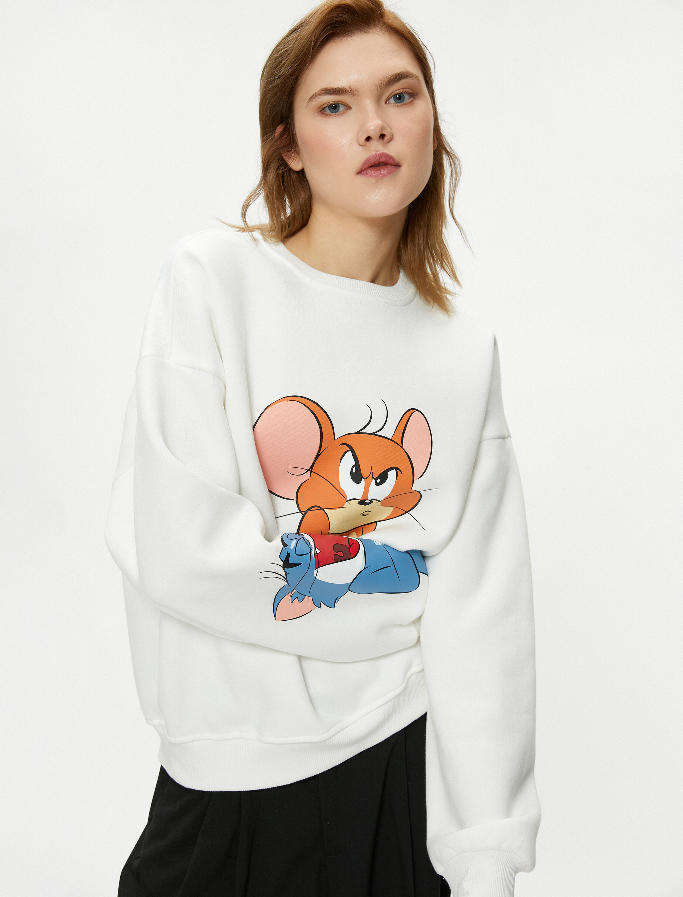   Şardonlu Tom ve Jerry Sweatshirt Lisanslı Bisiklet Yaka Uzun Kollu Rahat Kalıp