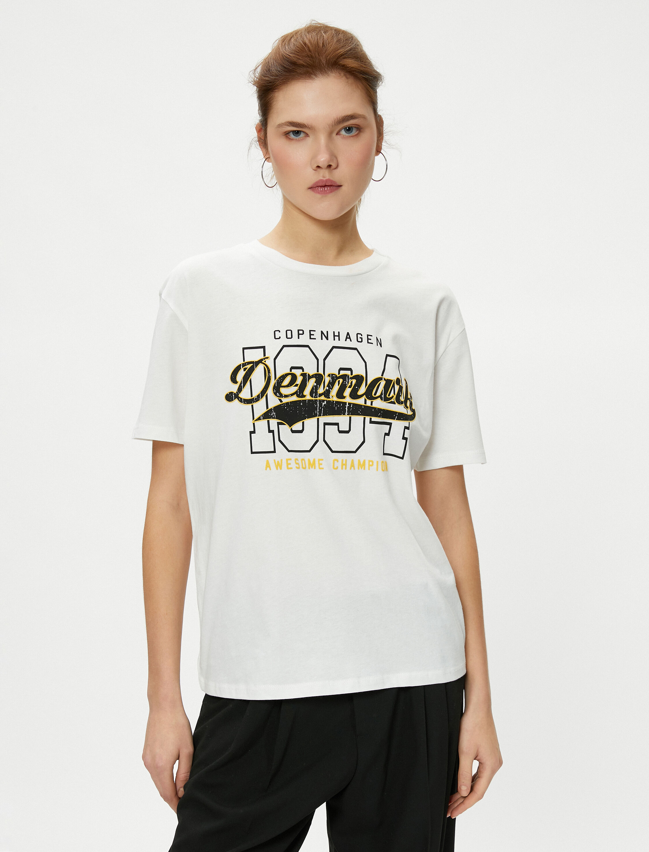   Baskılı Tişört Kısa Kollu Bisiklet Yaka Pamuklu