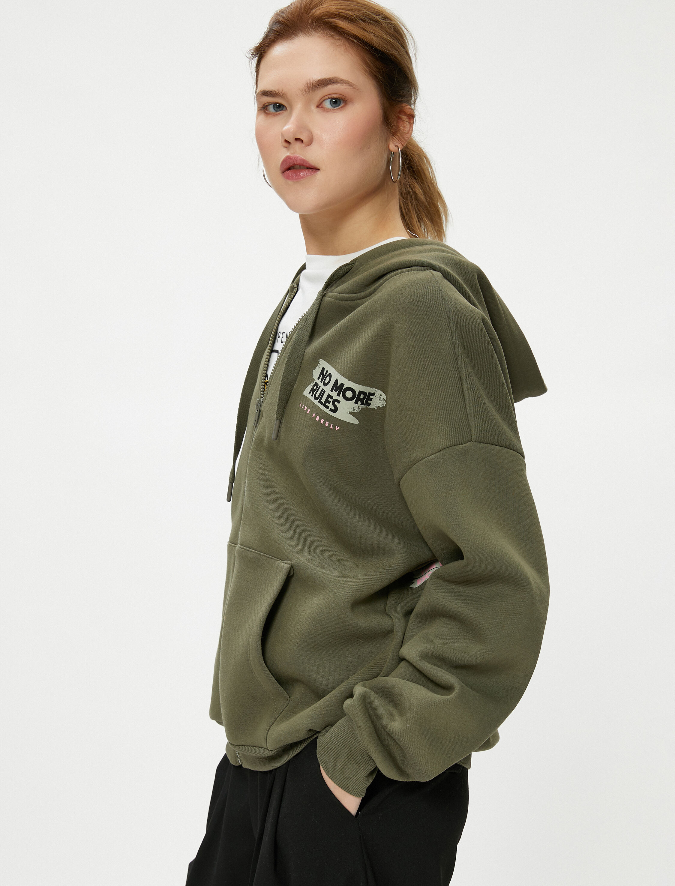   Şardonlu Kapşonlu Fermuarlı Sweatshirt Oversize Arkası Fotoğraf Baskılı Cepli