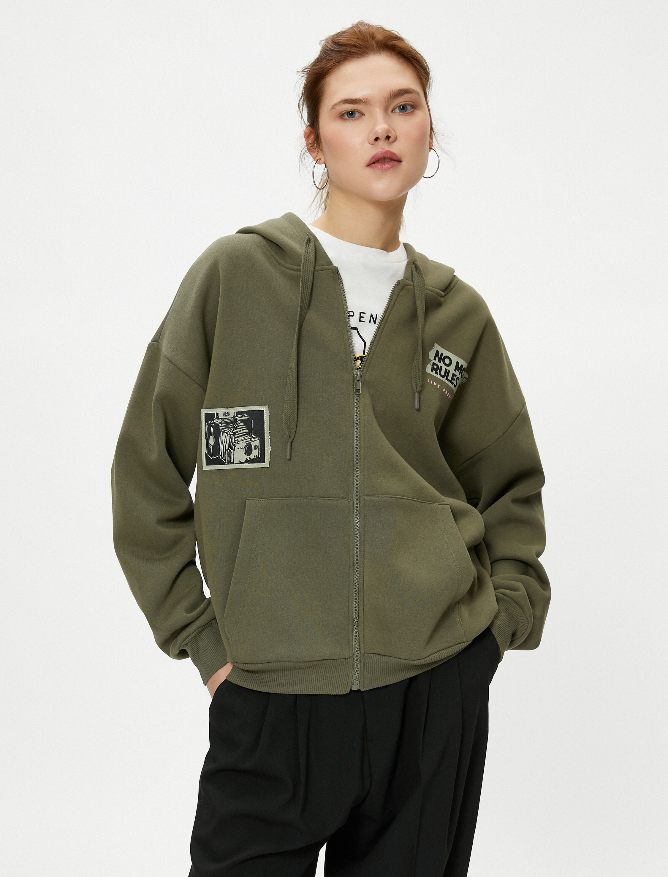   Şardonlu Kapşonlu Fermuarlı Sweatshirt Oversize Arkası Fotoğraf Baskılı Cepli