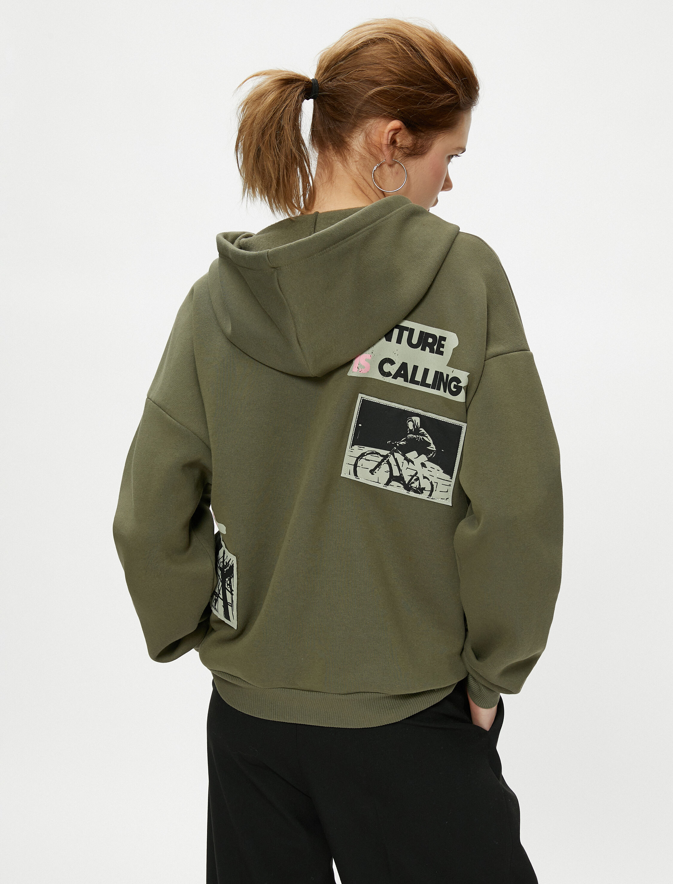   Şardonlu Kapşonlu Fermuarlı Sweatshirt Oversize Arkası Fotoğraf Baskılı Cepli