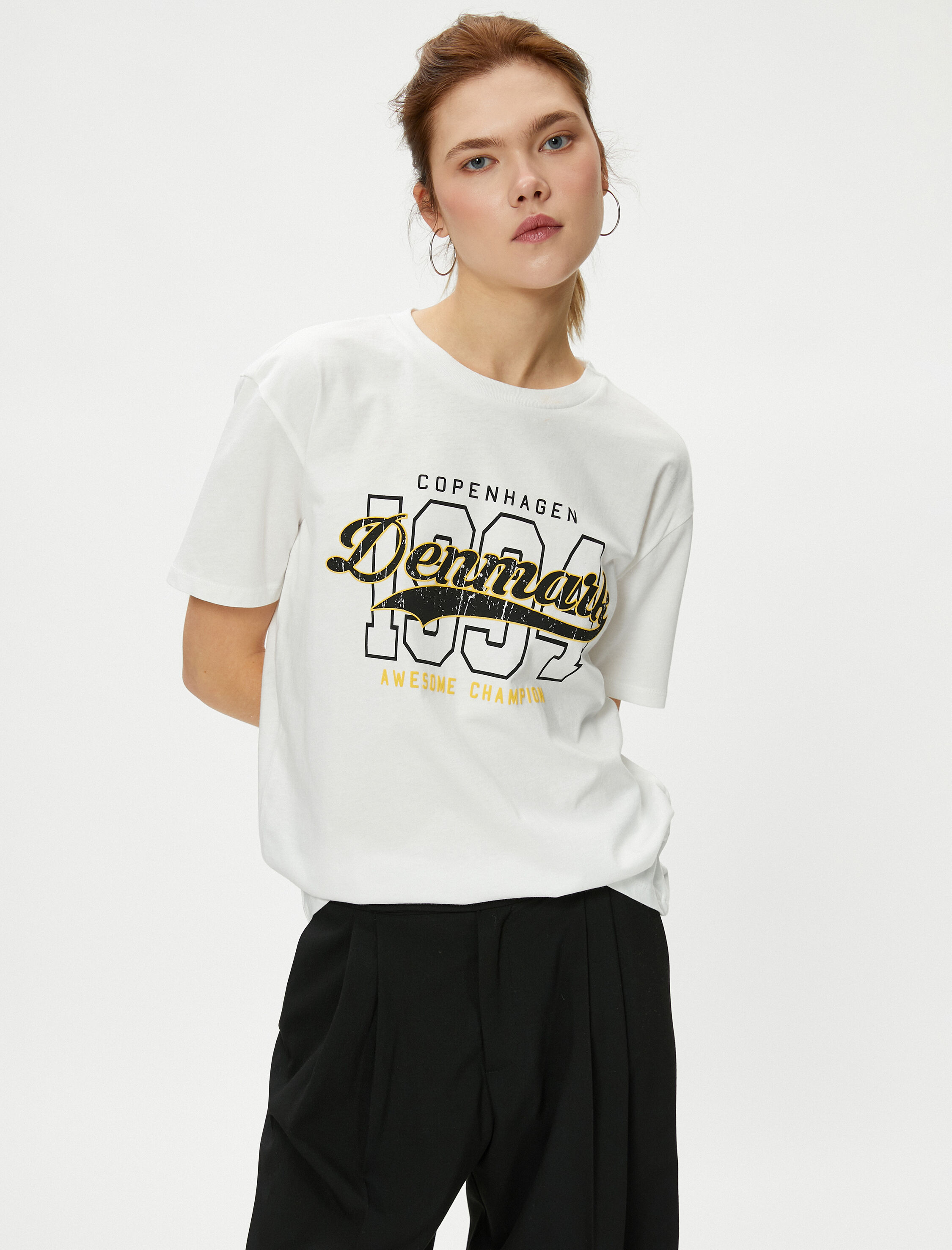   Baskılı Tişört Kısa Kollu Bisiklet Yaka Pamuklu