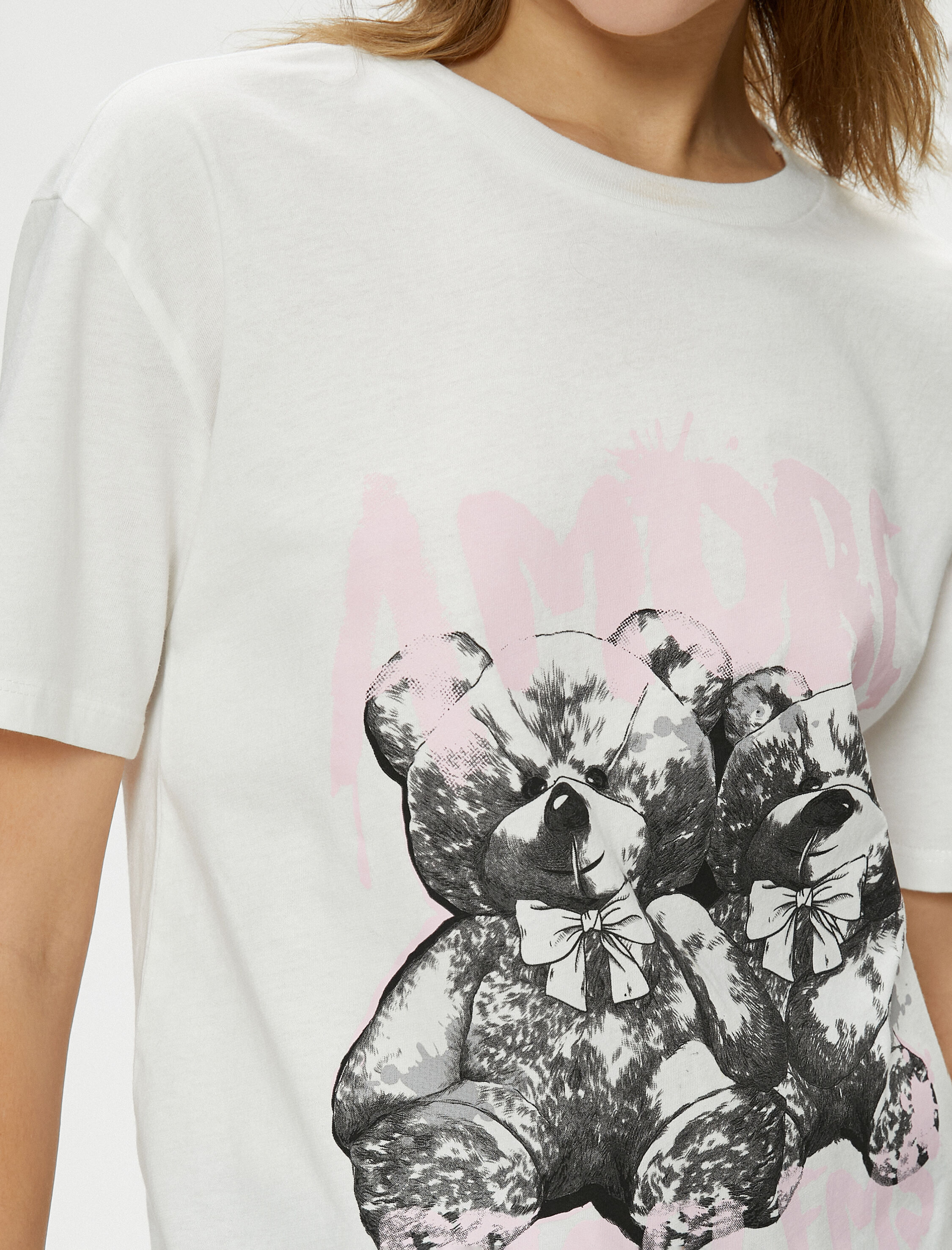   Ayıcık Baskılı Tişört Kısa Kollu Bisiklet Yaka Pamuklu