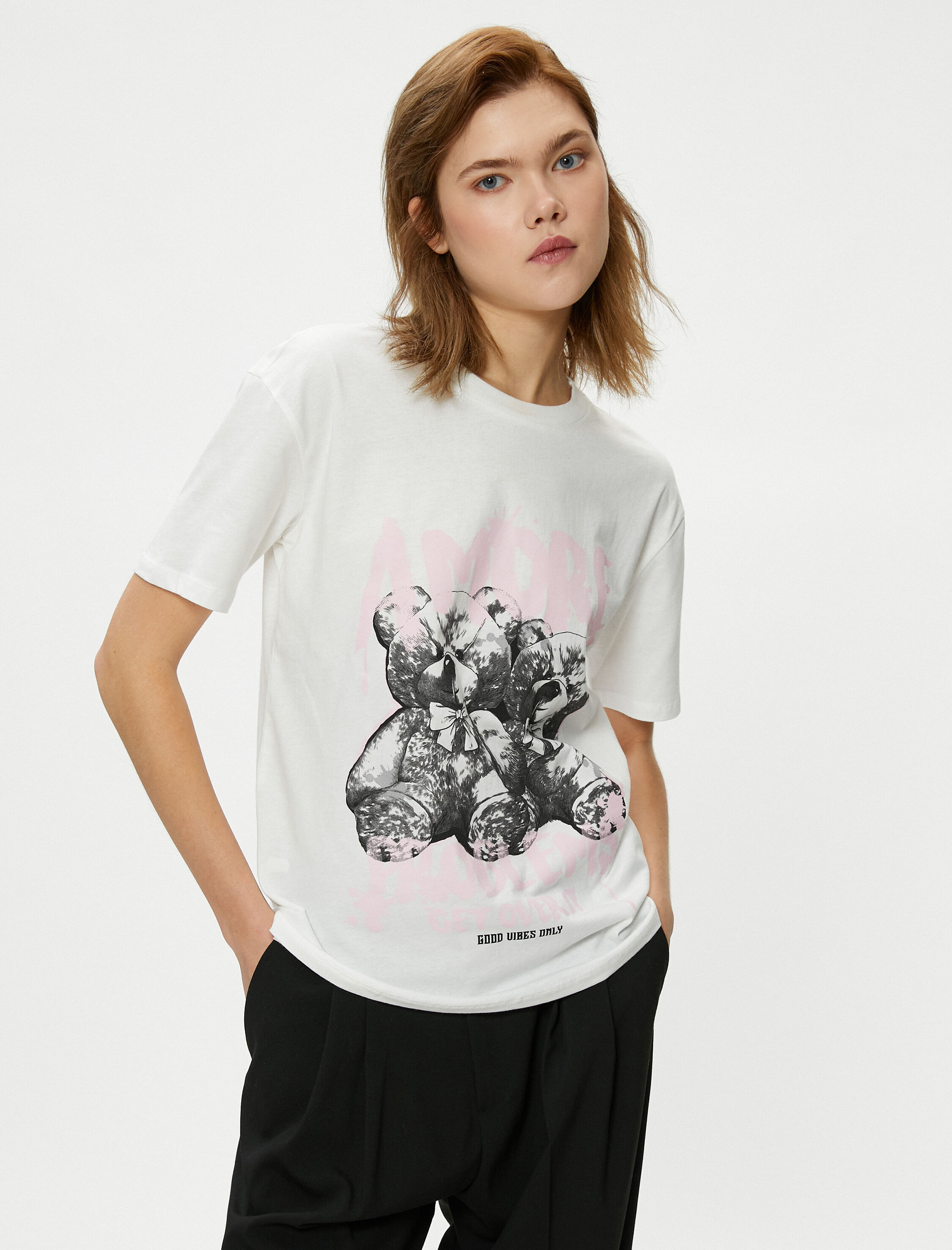   Ayıcık Baskılı Tişört Kısa Kollu Bisiklet Yaka Pamuklu