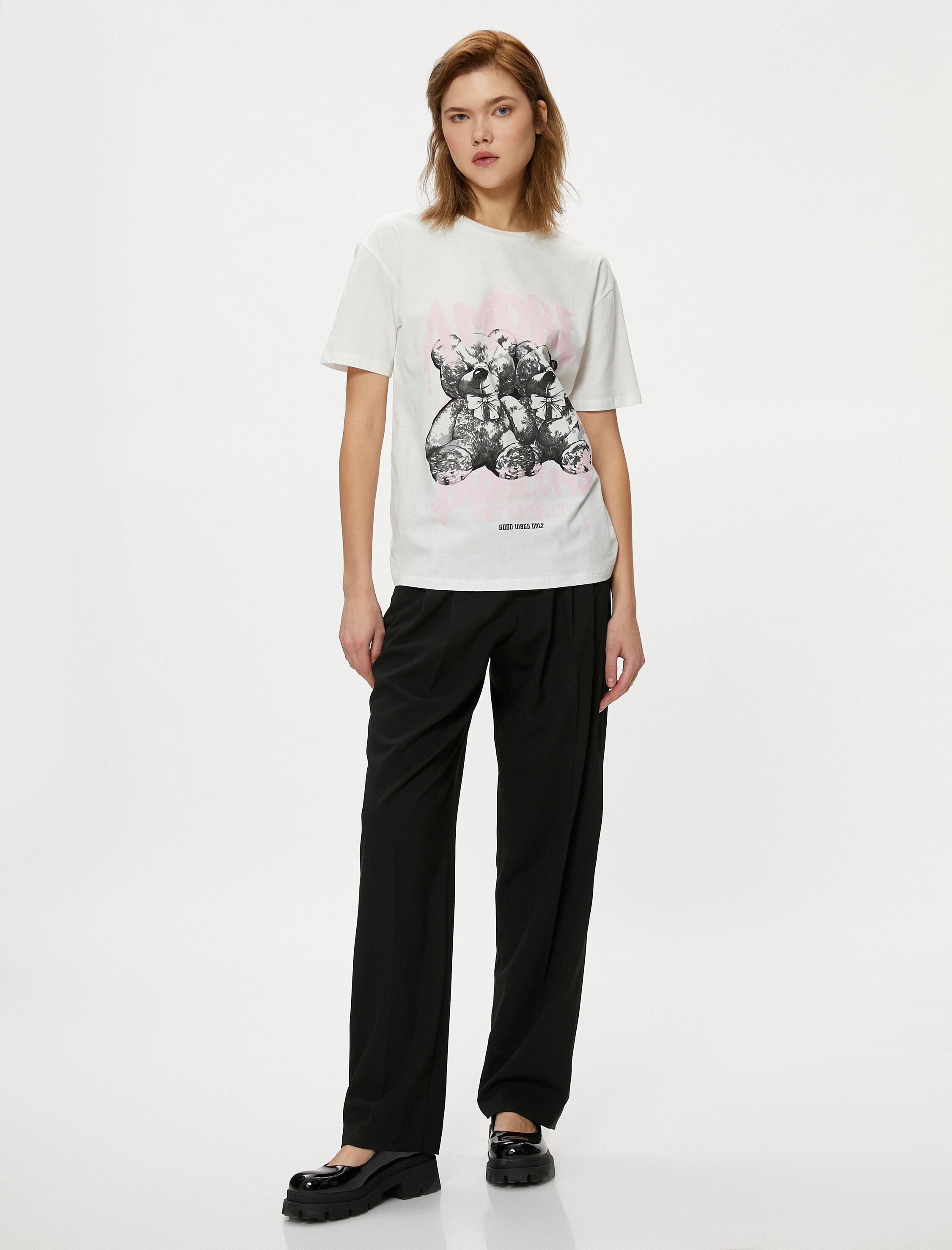   Ayıcık Baskılı Tişört Kısa Kollu Bisiklet Yaka Pamuklu