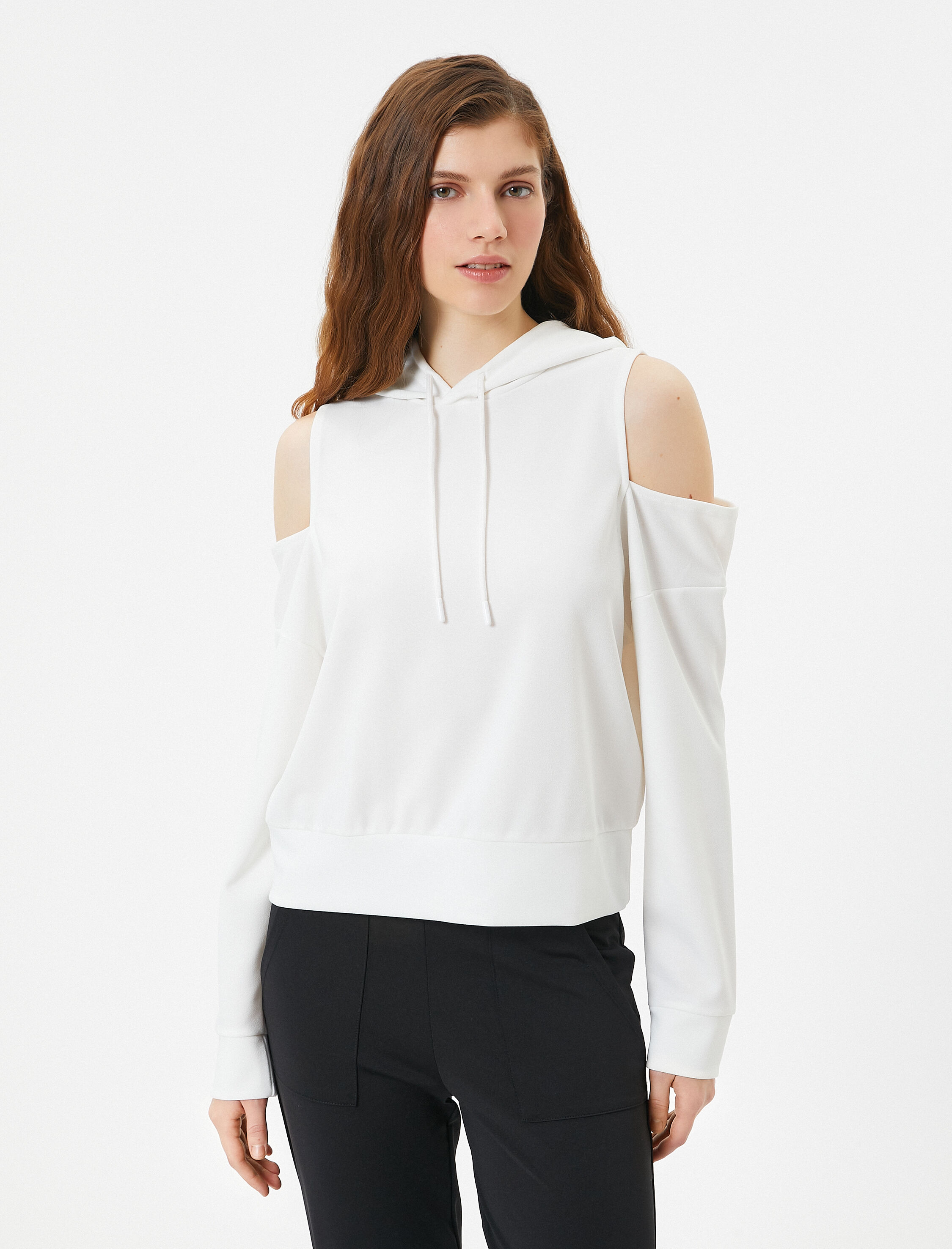   Kapşonlu Sweatshirt Spor Omuzları Pencere Detaylı Slim Fit Uzun Kollu