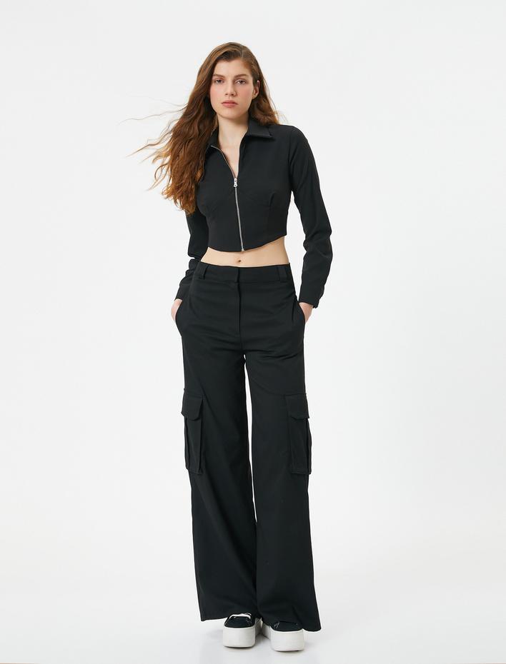  Crop Bluz Fermuarlı Slim Fit Dikiş Detaylı Uzun Kollu