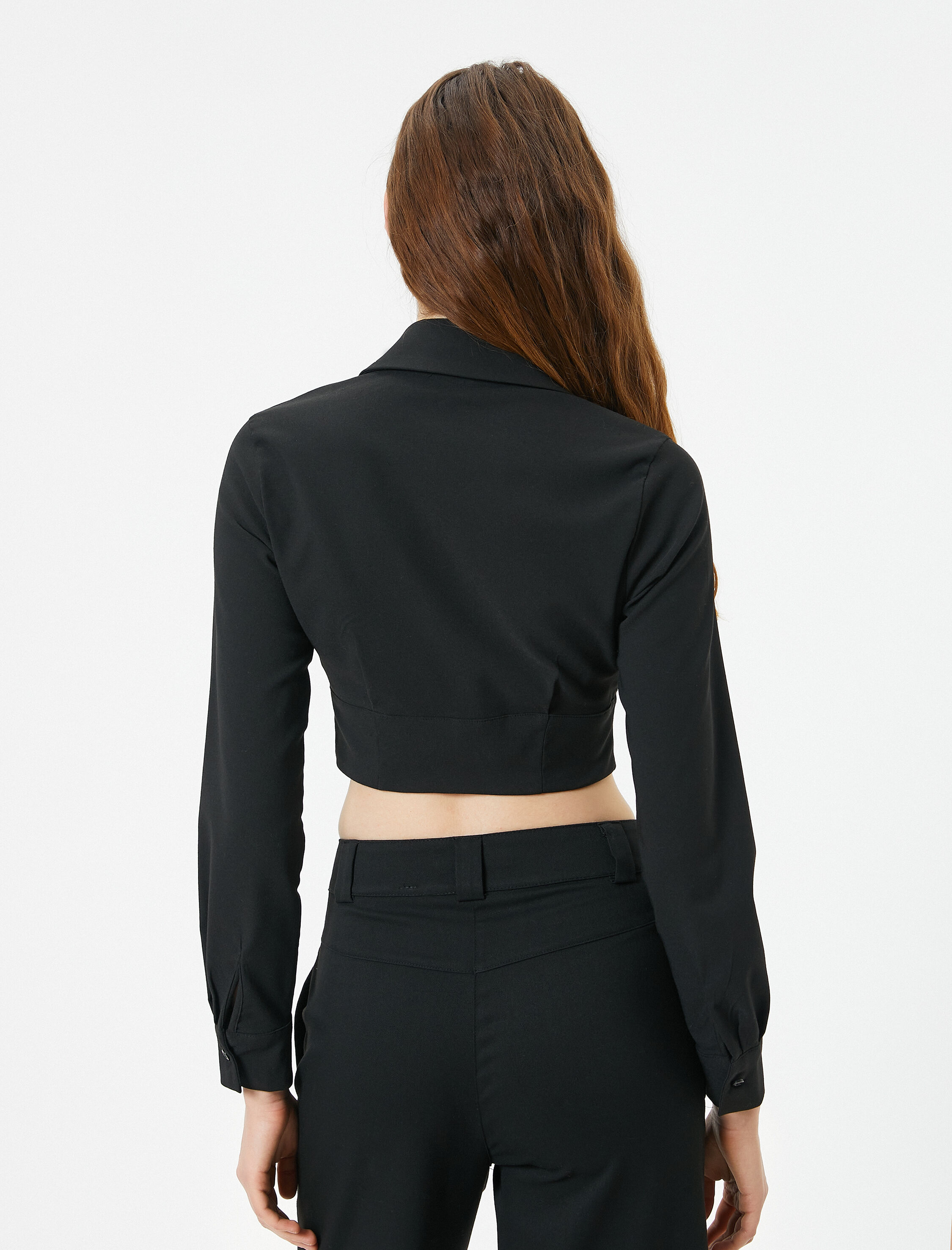 Crop Bluz Fermuarlı Slim Fit Dikiş Detaylı Uzun Kollu