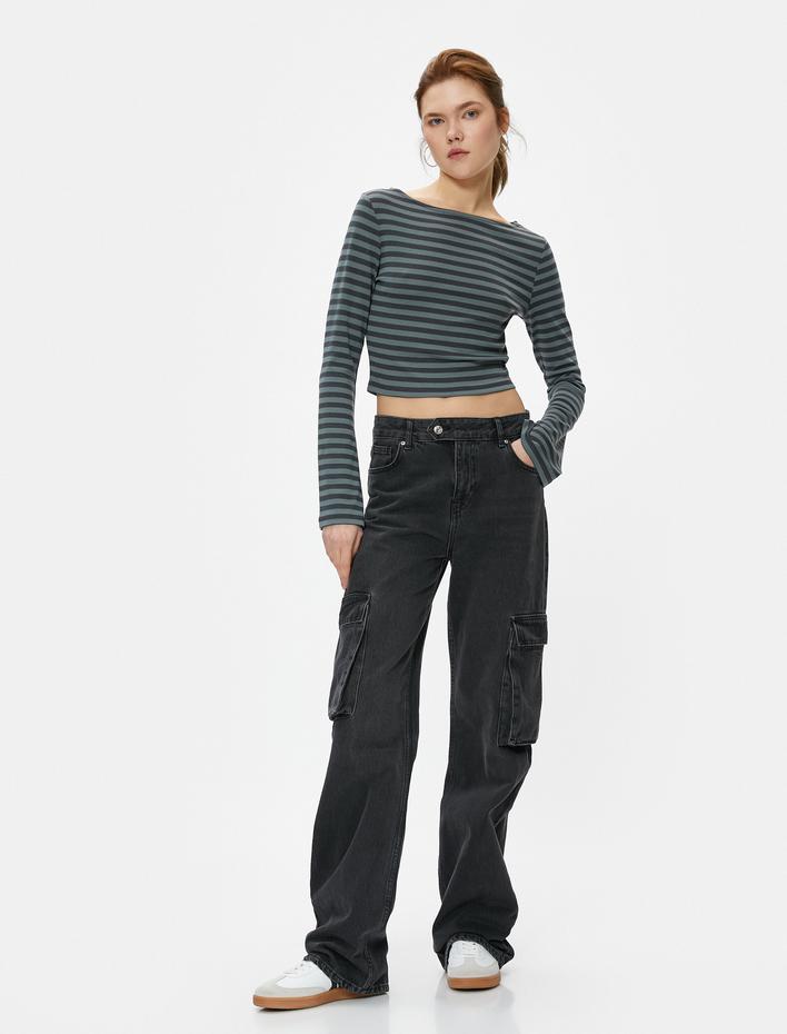  Crop Tişört Kayık Yaka Uzun Kollu