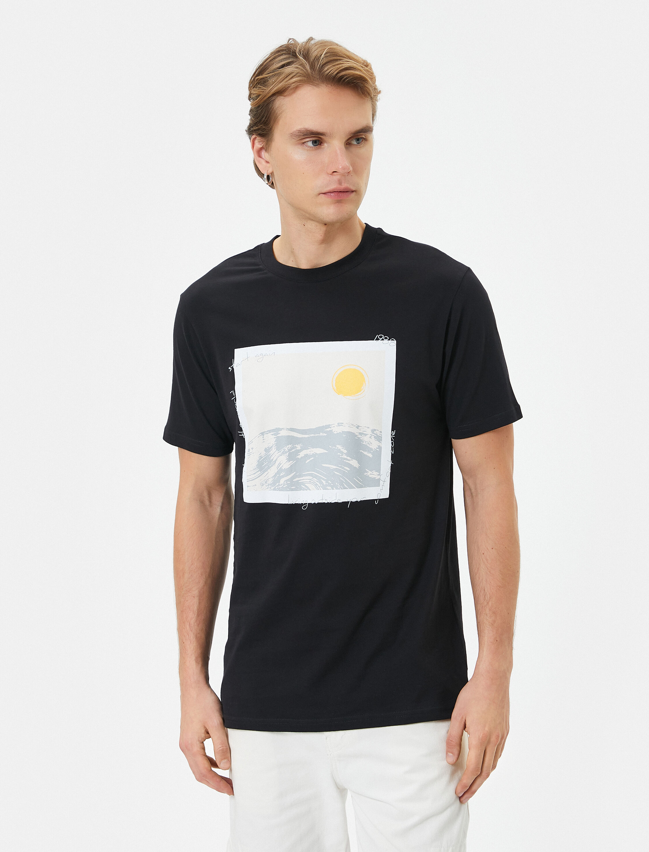   Baskılı Tişört Slim Fit Sloganlı Bisiklet Yaka Kısa Kollu