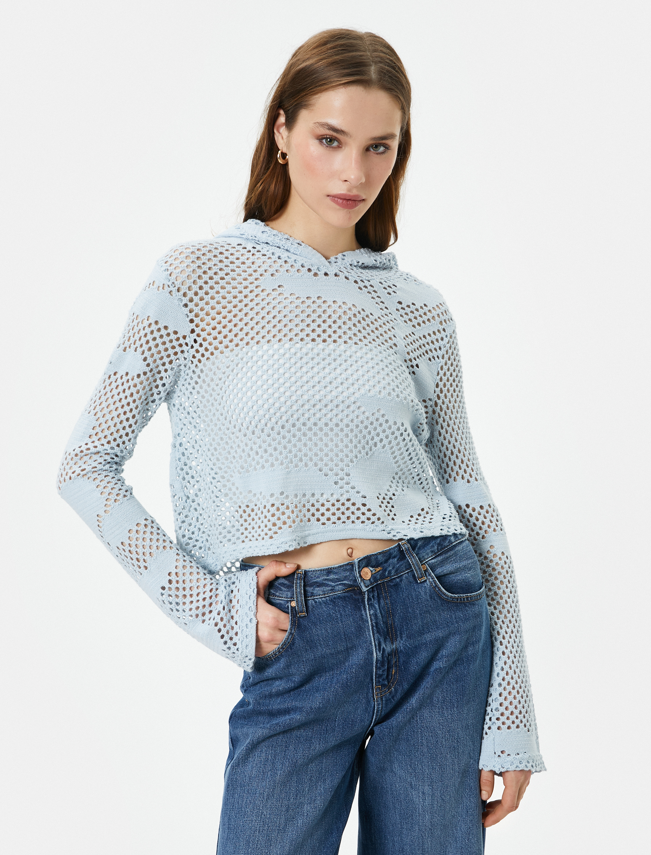   Kapüşonlu Sweatshirt Ajur Örgü Uzun Kollu