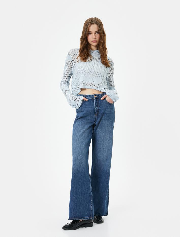  Kapüşonlu Sweatshirt Ajur Örgü Uzun Kollu