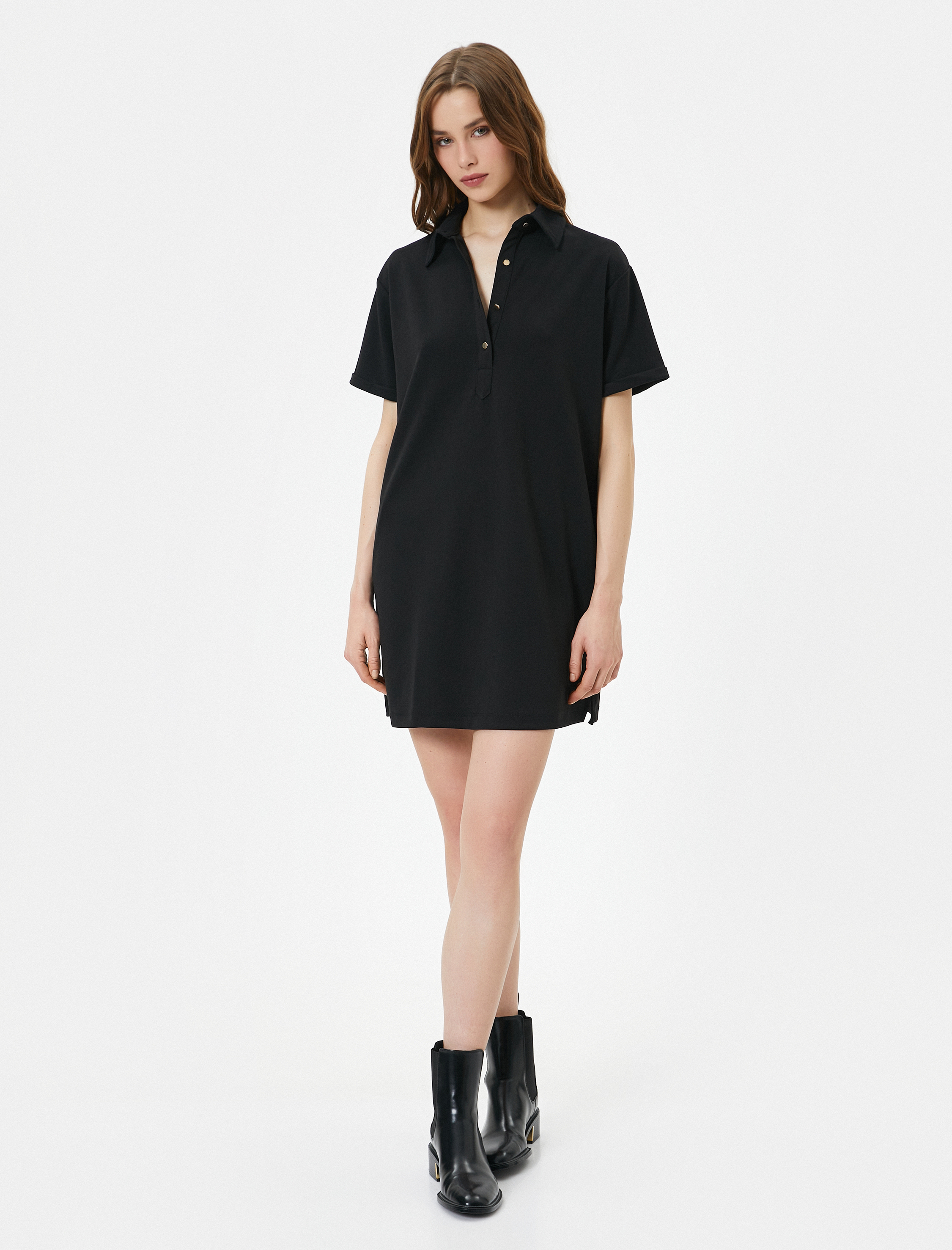   Polo Yaka Elbise Düğmeli Kısa Kollu Standart Kesim