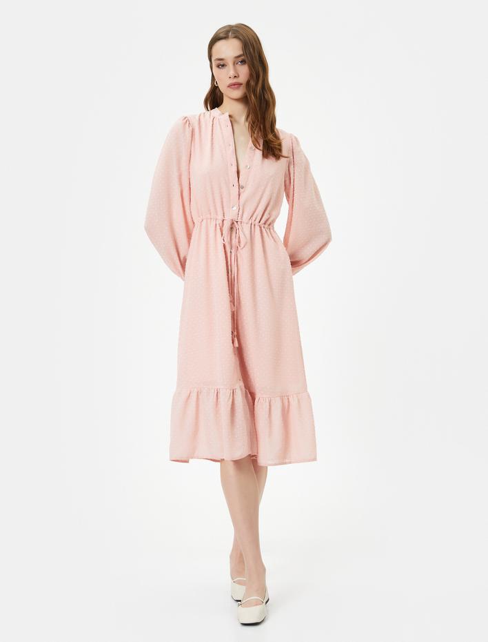  Uzun Elbise Balon Kollu Düğmeli Hakim Yaka