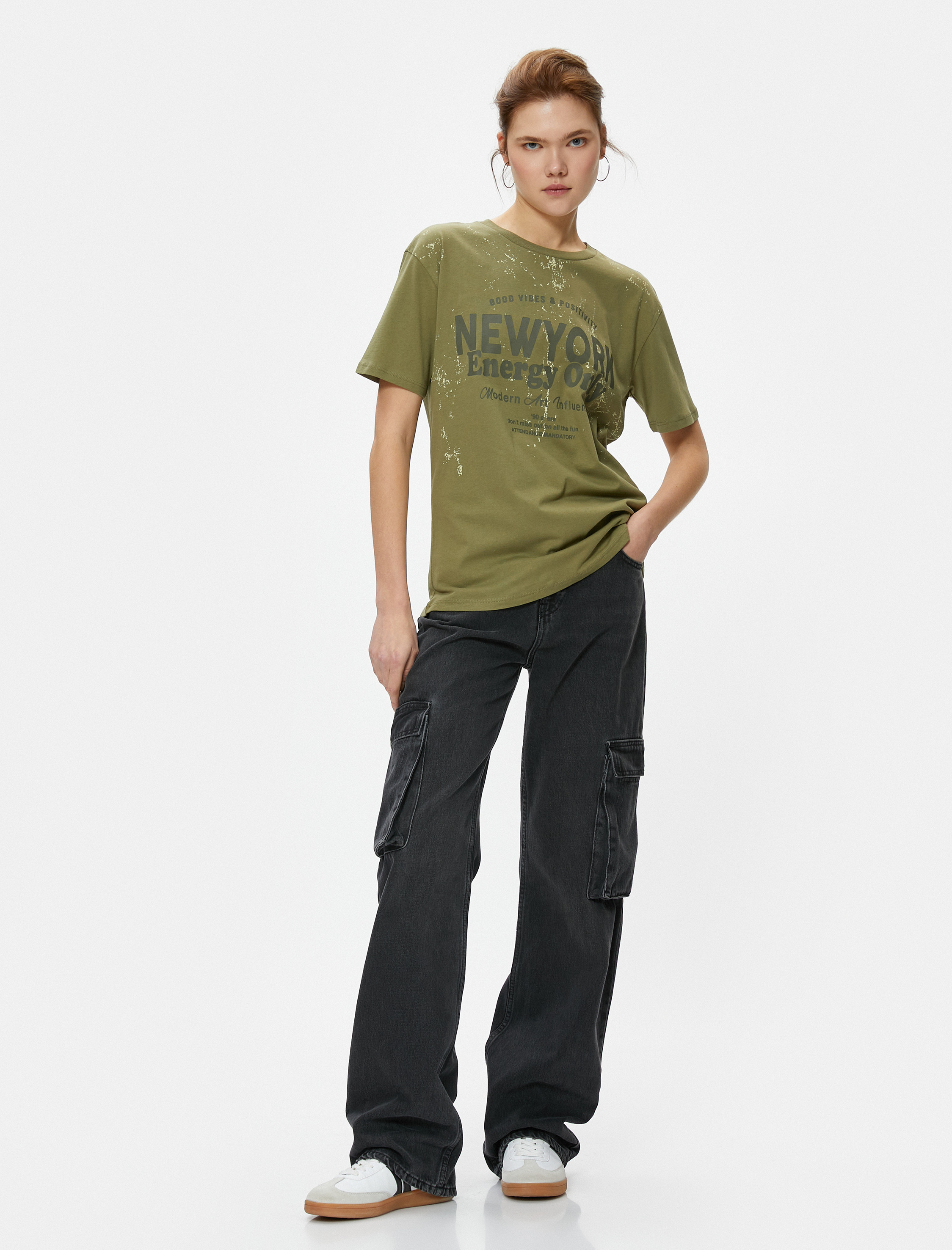   Tişört Kolej Baskılı Bisiklet Yaka Kısa Kollu Pamuklu