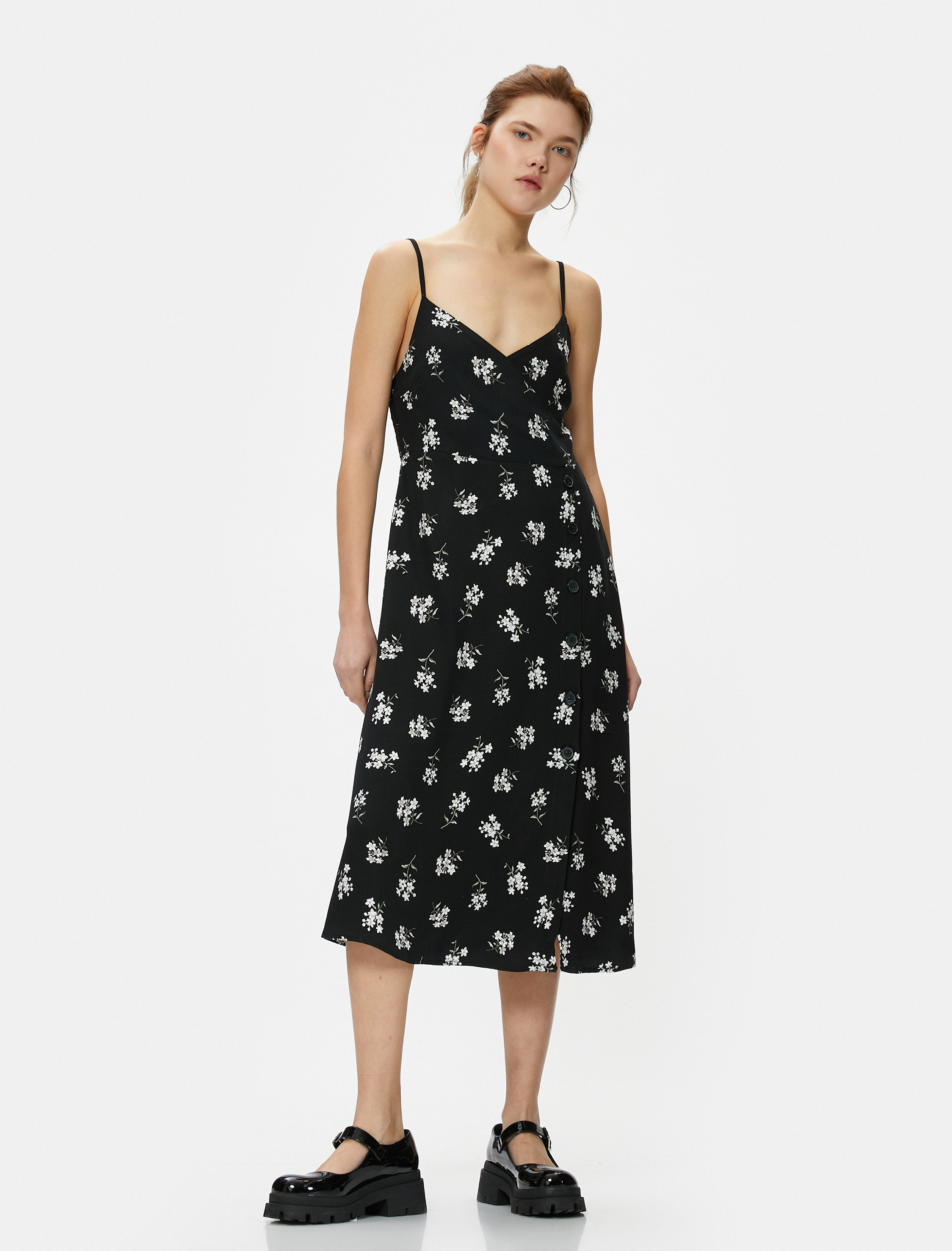   Çiçekli Midi Elbise Askılı Viskon Kumaş