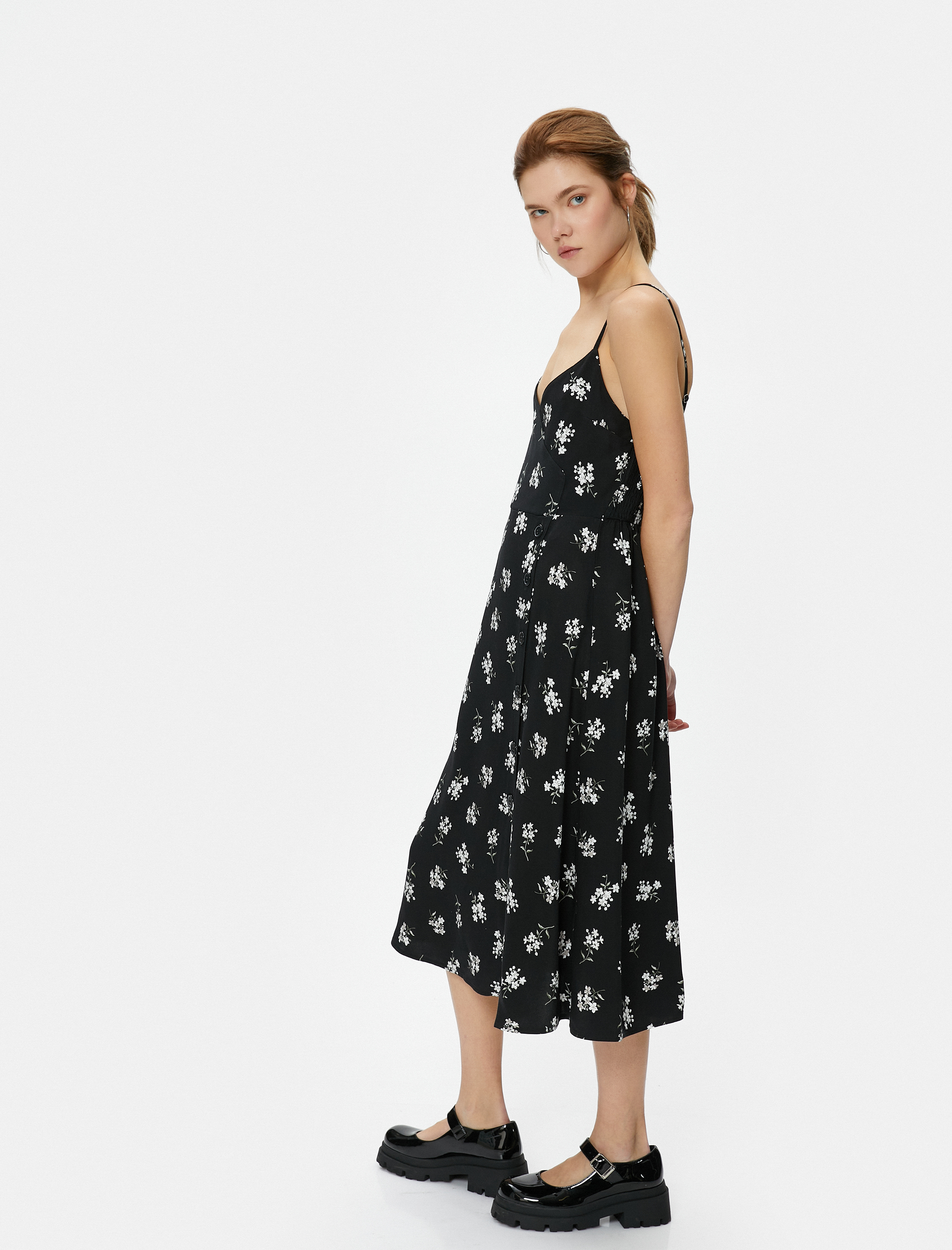   Çiçekli Midi Elbise Askılı Viskon Kumaş