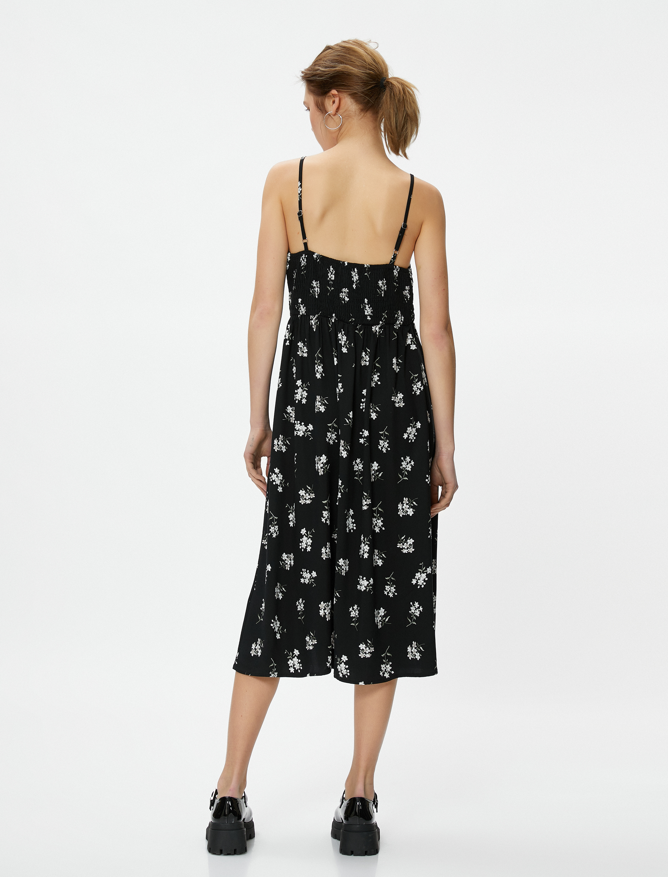   Çiçekli Midi Elbise Askılı Viskon Kumaş