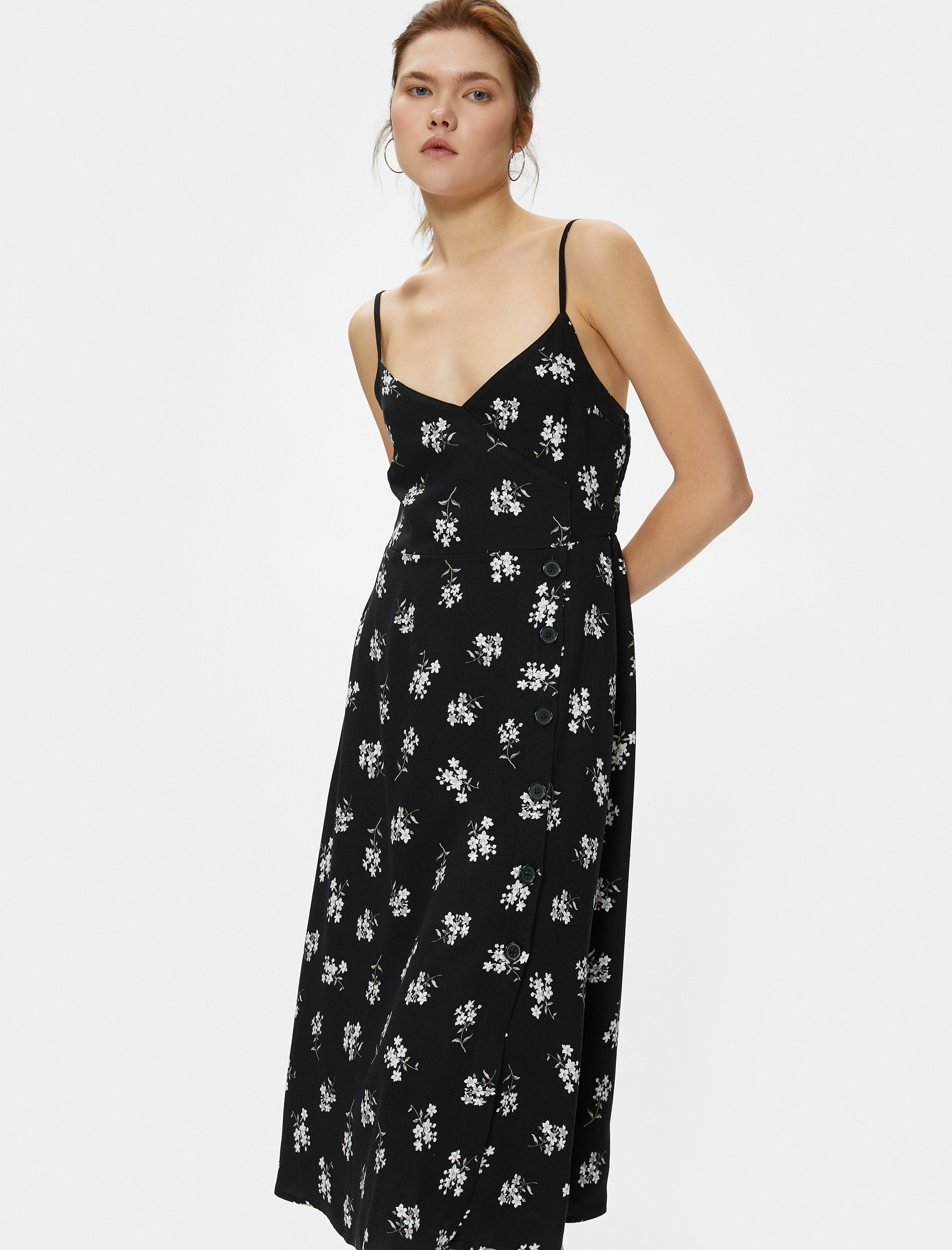   Çiçekli Midi Elbise Askılı Viskon Kumaş