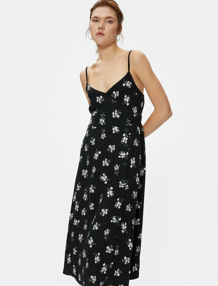  Çiçekli Midi Elbise Askılı Viskon Kumaş